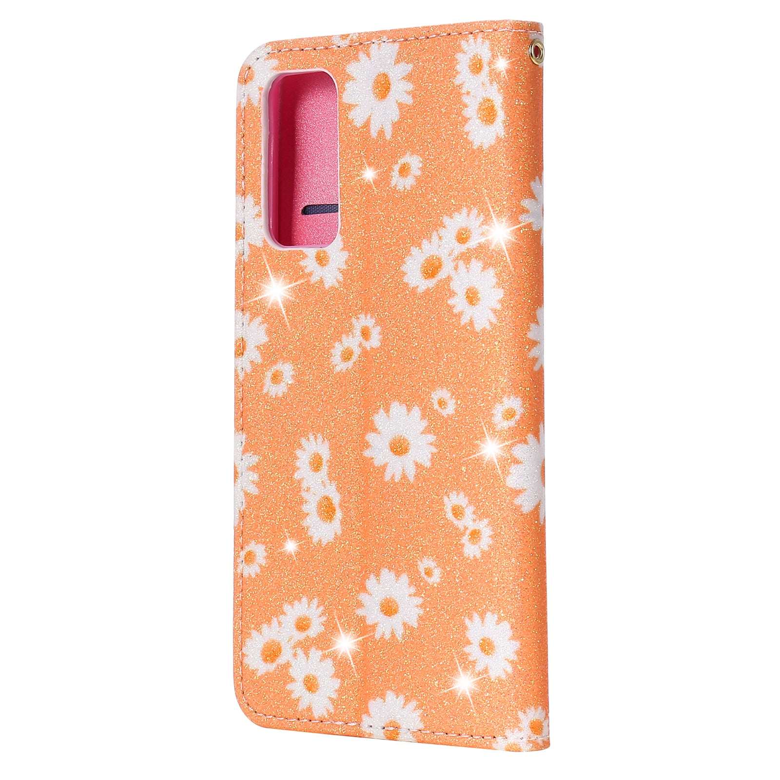 New Arrival Gleaming Powder Daisy Pattern Leather Phone Case for Samsung Galaxy S20 FE/S20 Fan Edition/S20 FE 5G/S20 Fan Edition 5G/S20 Lite - Orange