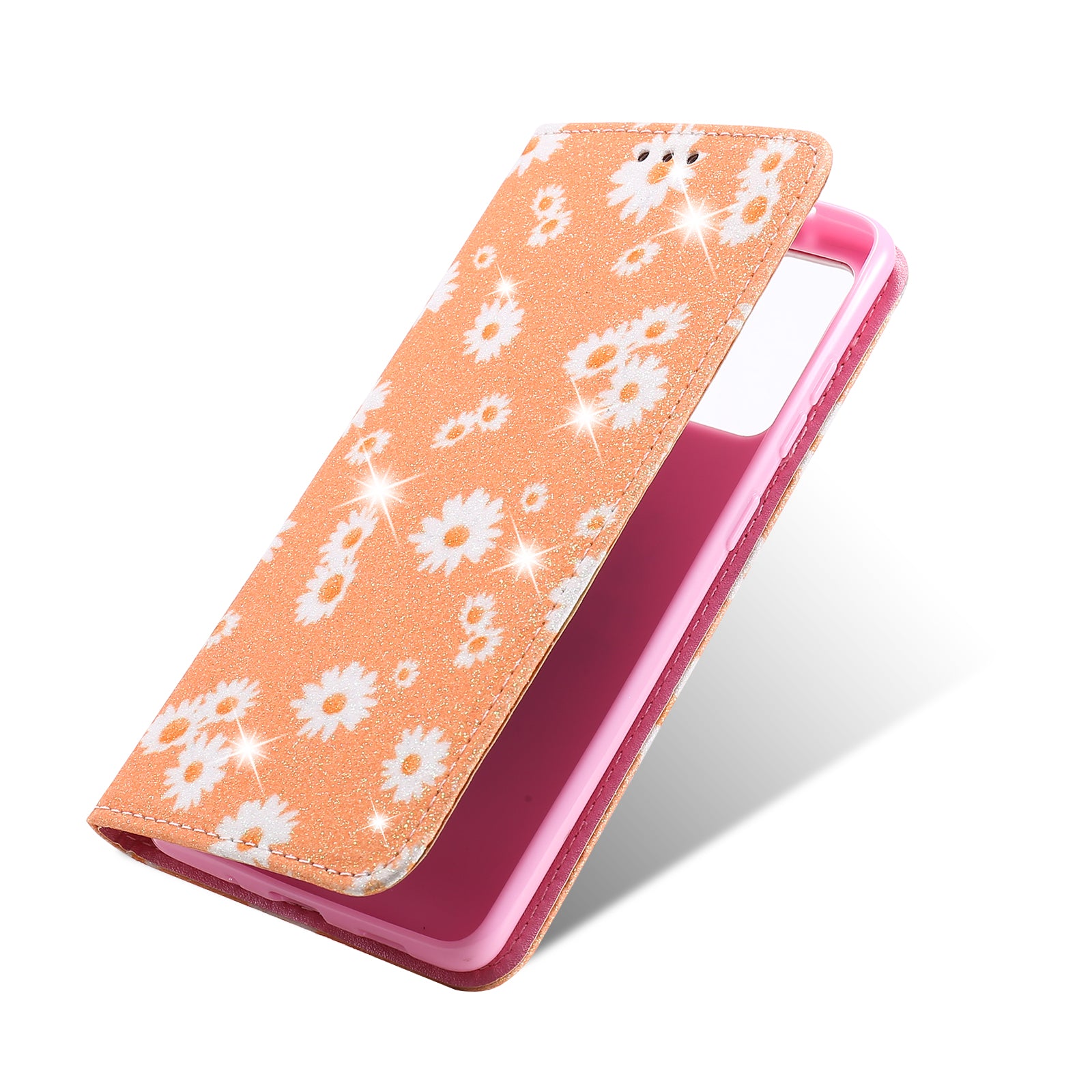 New Arrival Gleaming Powder Daisy Pattern Leather Phone Case for Samsung Galaxy S20 FE/S20 Fan Edition/S20 FE 5G/S20 Fan Edition 5G/S20 Lite - Orange