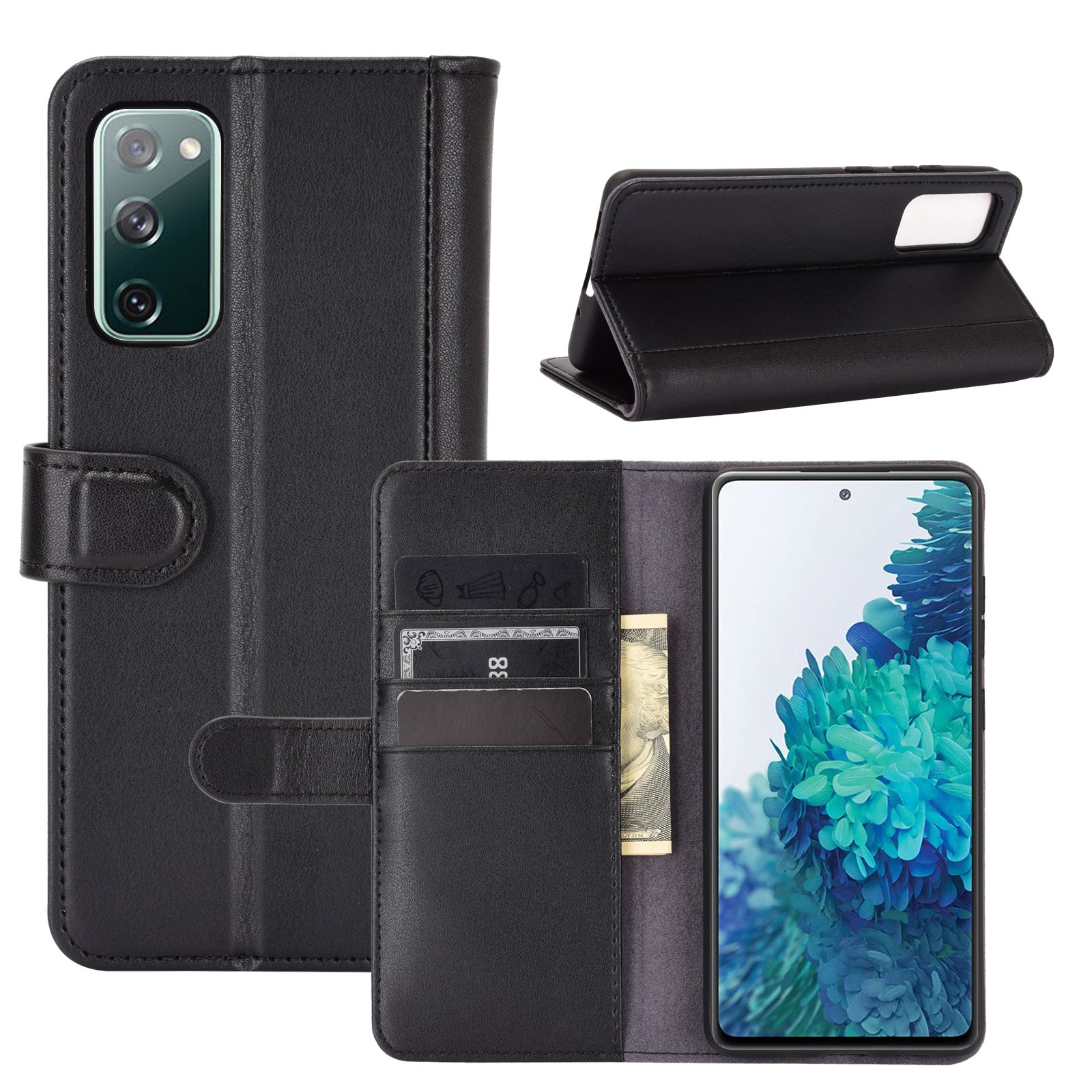 Split Leather Wallet Stand Protective Shell for Samsung Galaxy S20 FE 4G/5G/2022/S20 Lite - Black