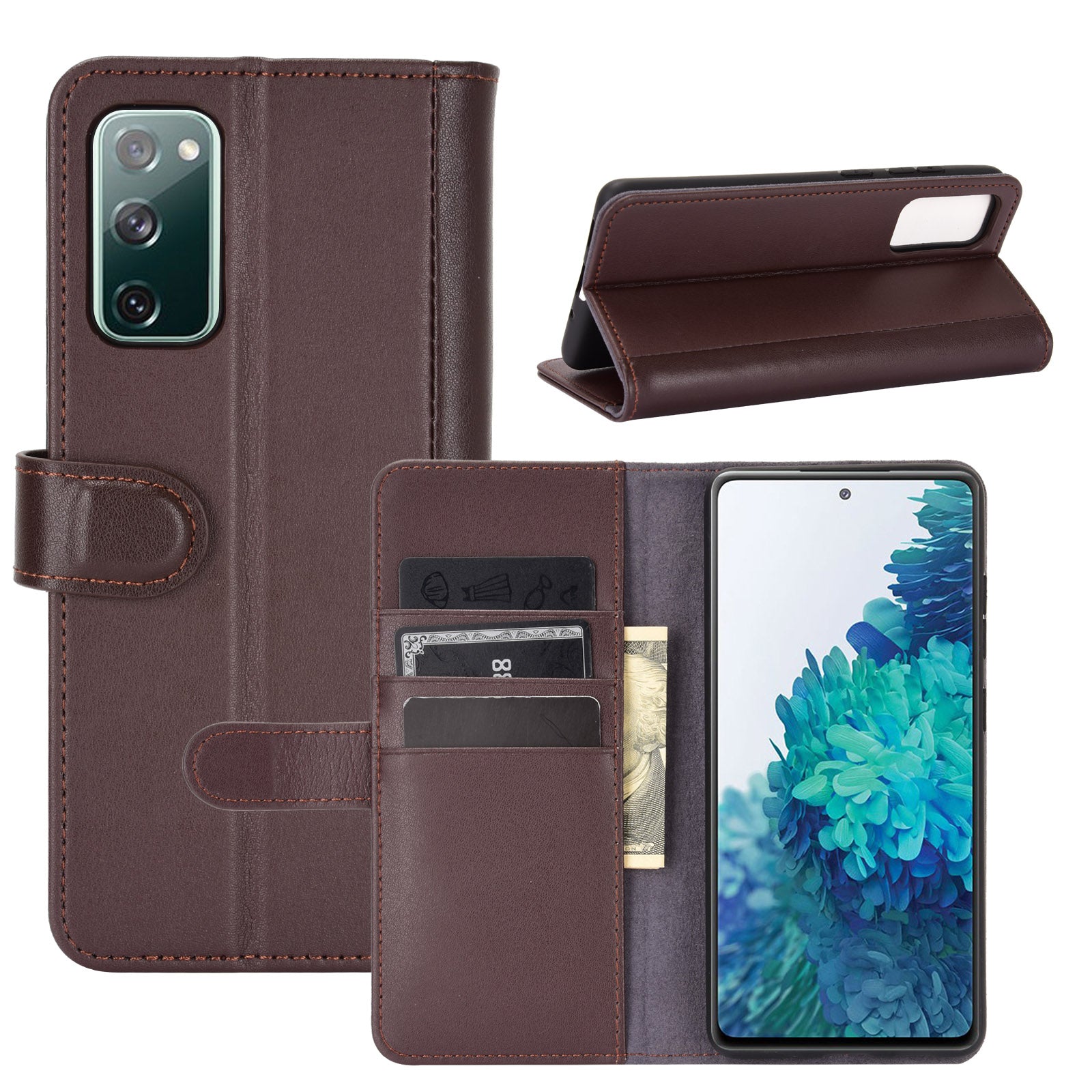 Split Leather Wallet Stand Protective Shell for Samsung Galaxy S20 FE 4G/5G/2022/S20 Lite - Brown