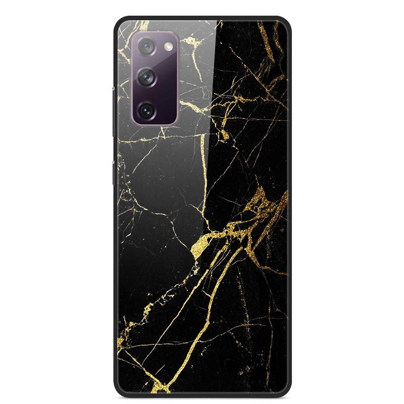 Fancy Style Printing Glass + PC + TPU Shell for Samsung Galaxy S20 FE 4G/5G/2022/S20 Lite Case - Gold/Black