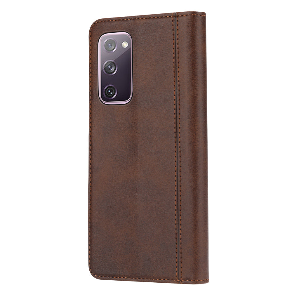 Leather Wallet Stand Phone Shell with Supporting Stand for Samsung Galaxy S20 FE 4G/5G/2022/S20 Lite - Brown