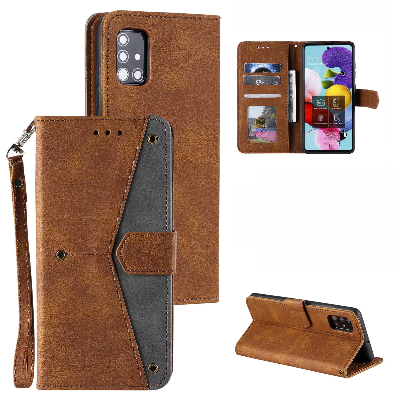 Rivet Decor Skin-Feeling Splicing Leather Wallet Phone Protective Cover for Samsung Galaxy S20 FE 4G/5G/2022/S20 Lite - Brown