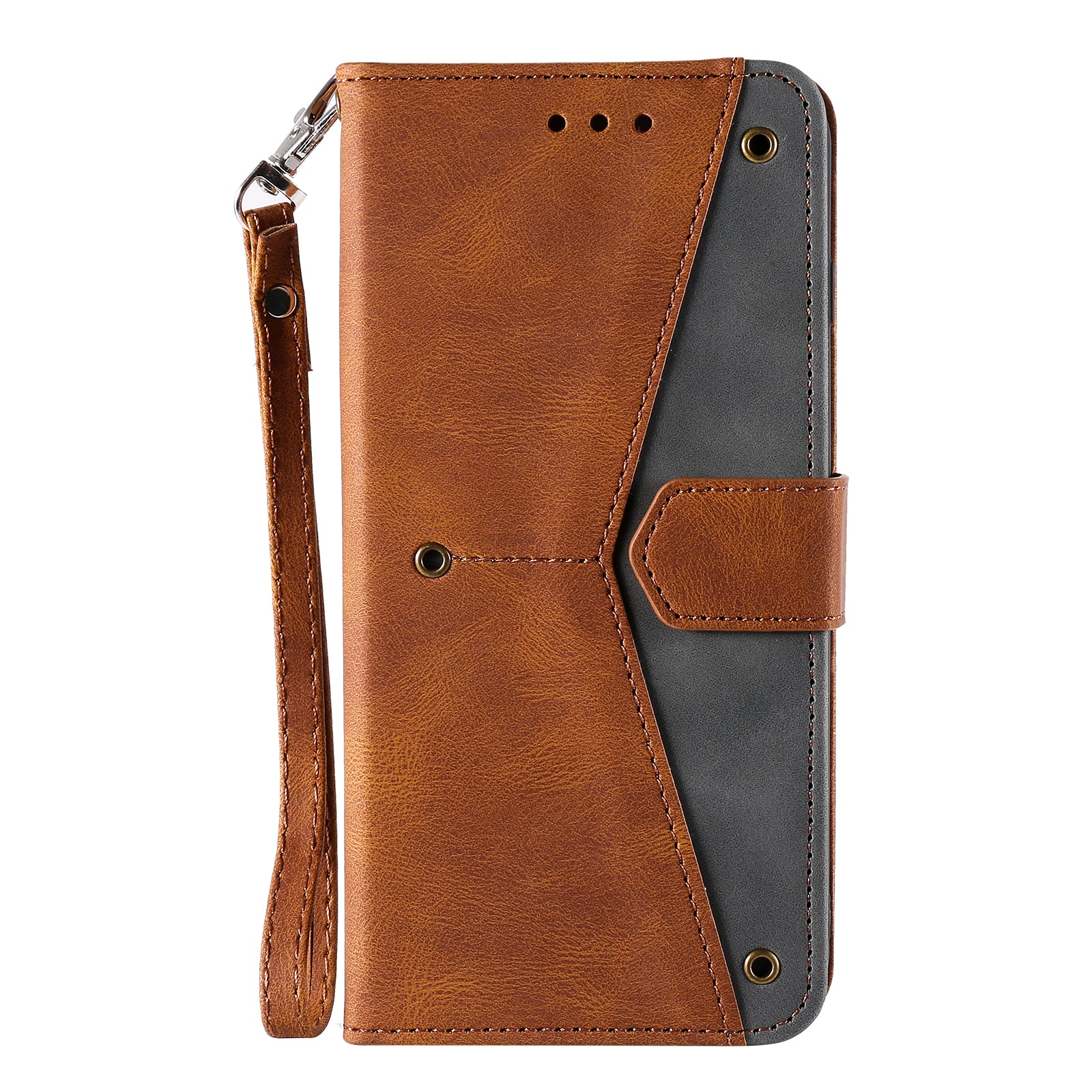 Rivet Decor Skin-Feeling Splicing Leather Wallet Phone Protective Cover for Samsung Galaxy S20 FE 4G/5G/2022/S20 Lite - Brown