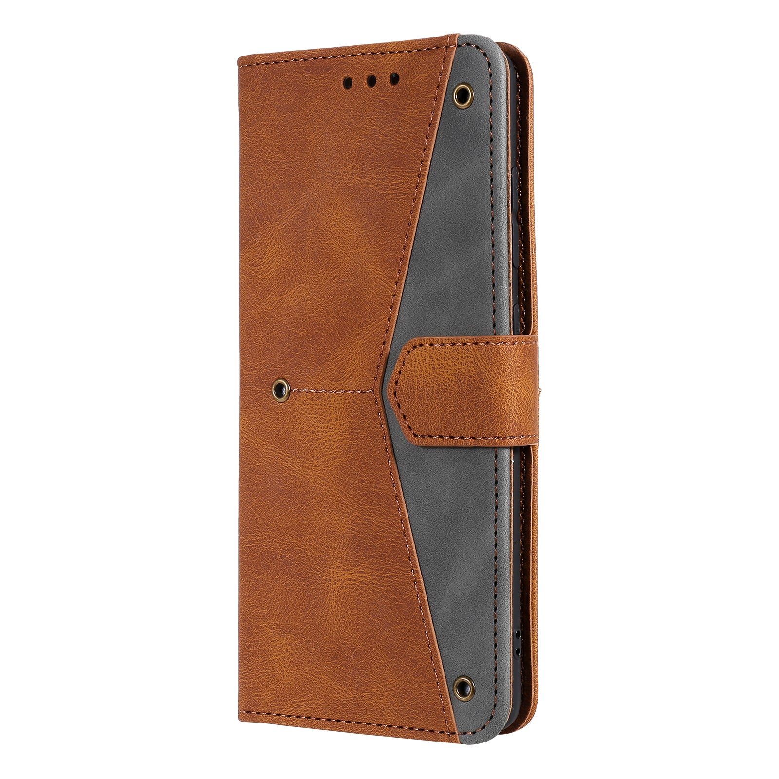 Rivet Decor Skin-Feeling Splicing Leather Wallet Phone Protective Cover for Samsung Galaxy S20 FE 4G/5G/2022/S20 Lite - Brown