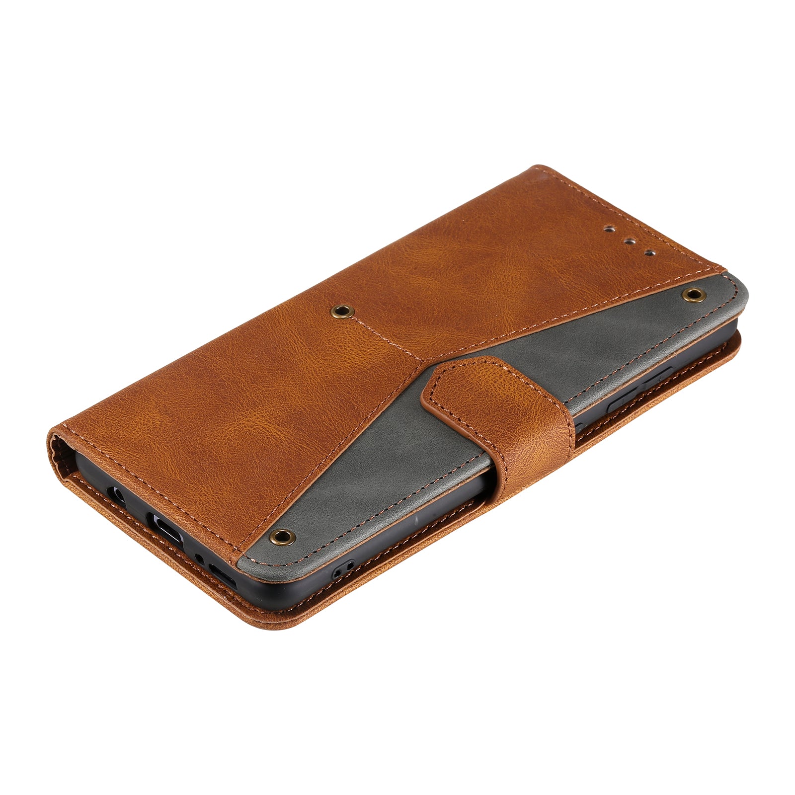 Rivet Decor Skin-Feeling Splicing Leather Wallet Phone Protective Cover for Samsung Galaxy S20 FE 4G/5G/2022/S20 Lite - Brown