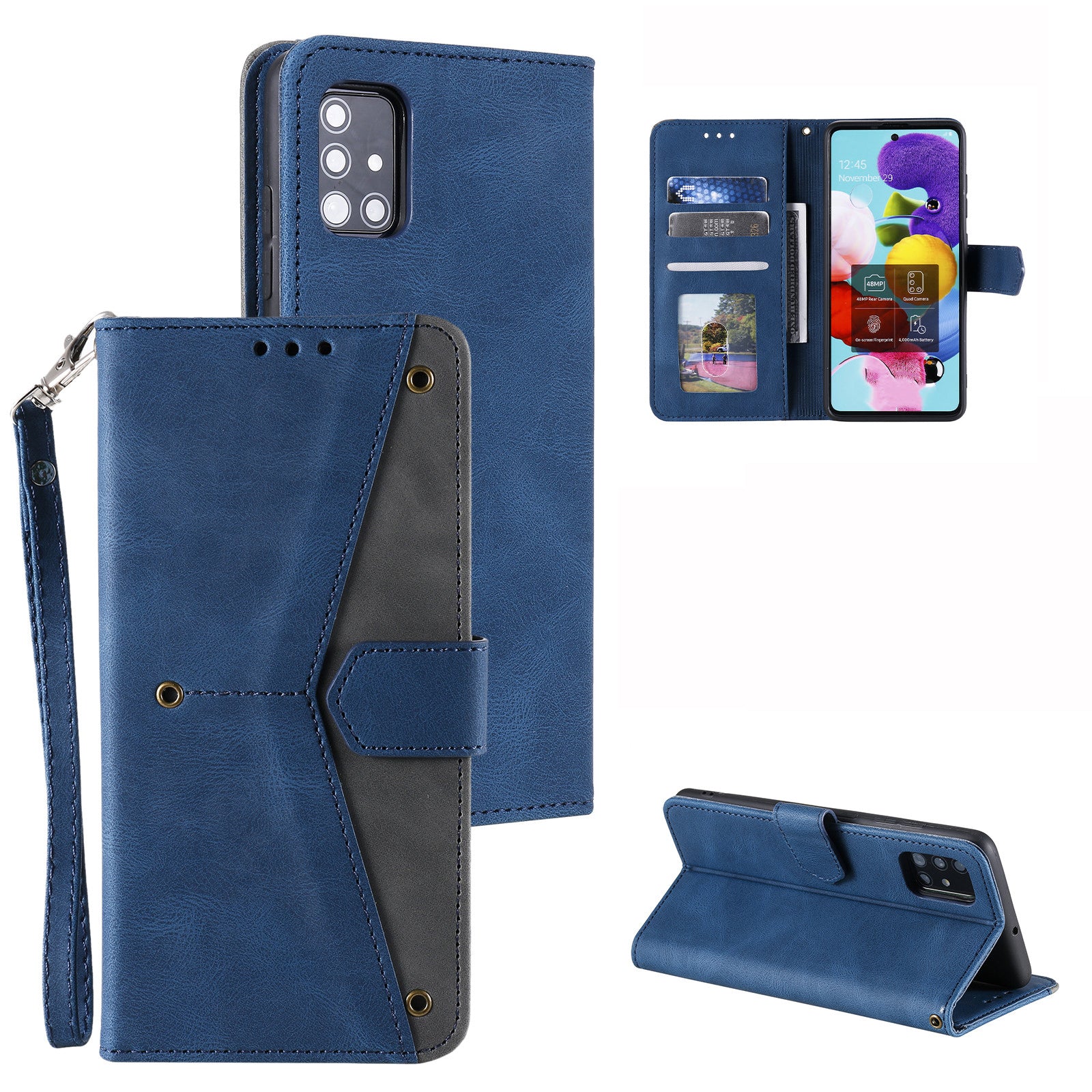 Rivet Decor Skin-Feeling Splicing Leather Wallet Phone Protective Cover for Samsung Galaxy S20 FE 4G/5G/2022/S20 Lite - Blue