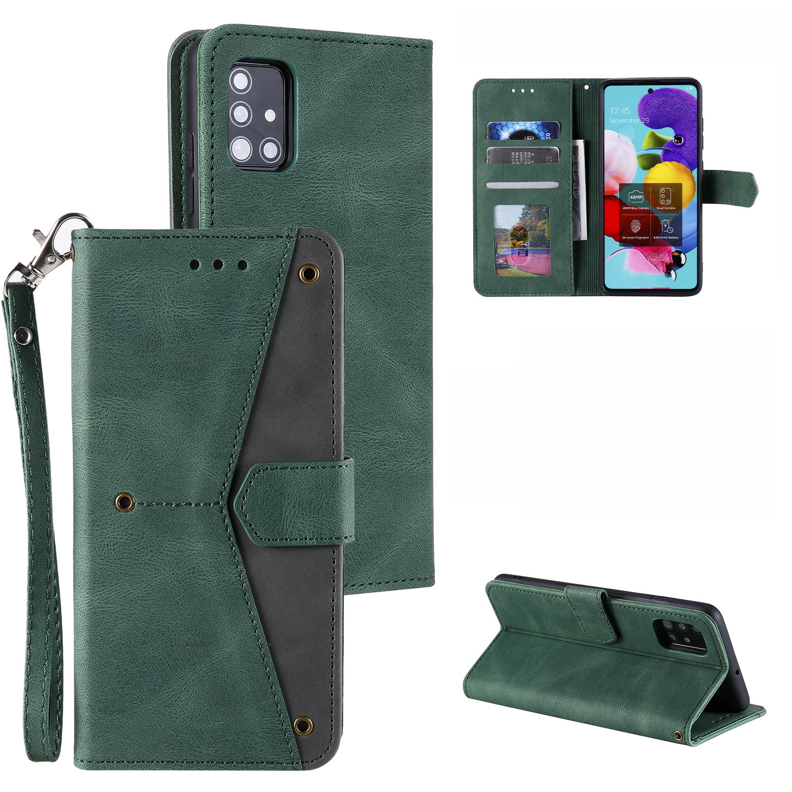 Rivet Decor Skin-Feeling Splicing Leather Wallet Phone Protective Cover for Samsung Galaxy S20 FE 4G/5G/2022/S20 Lite - Green