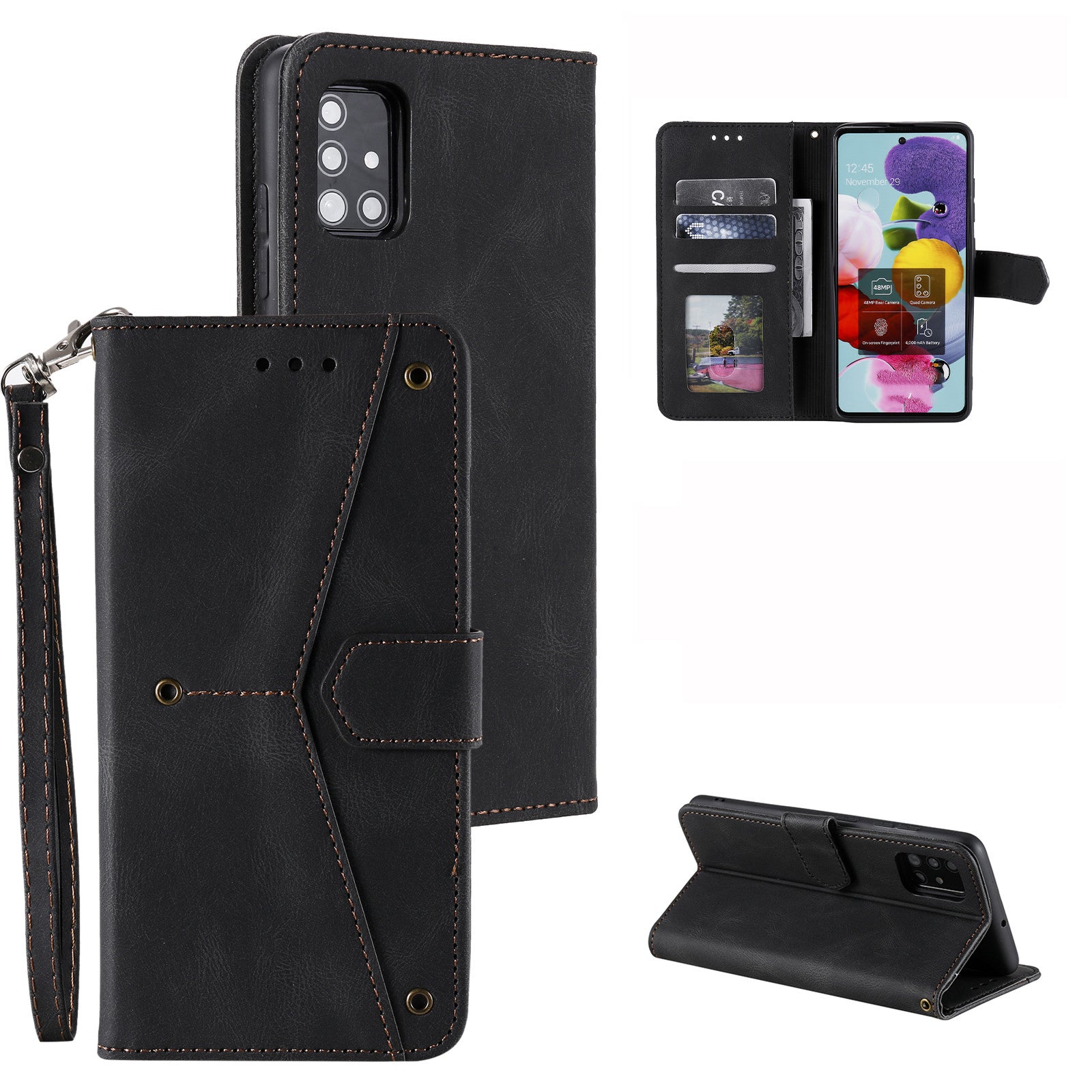 Rivet Decor Skin-Feeling Splicing Leather Wallet Phone Protective Cover for Samsung Galaxy S20 FE 4G/5G/2022/S20 Lite - Black