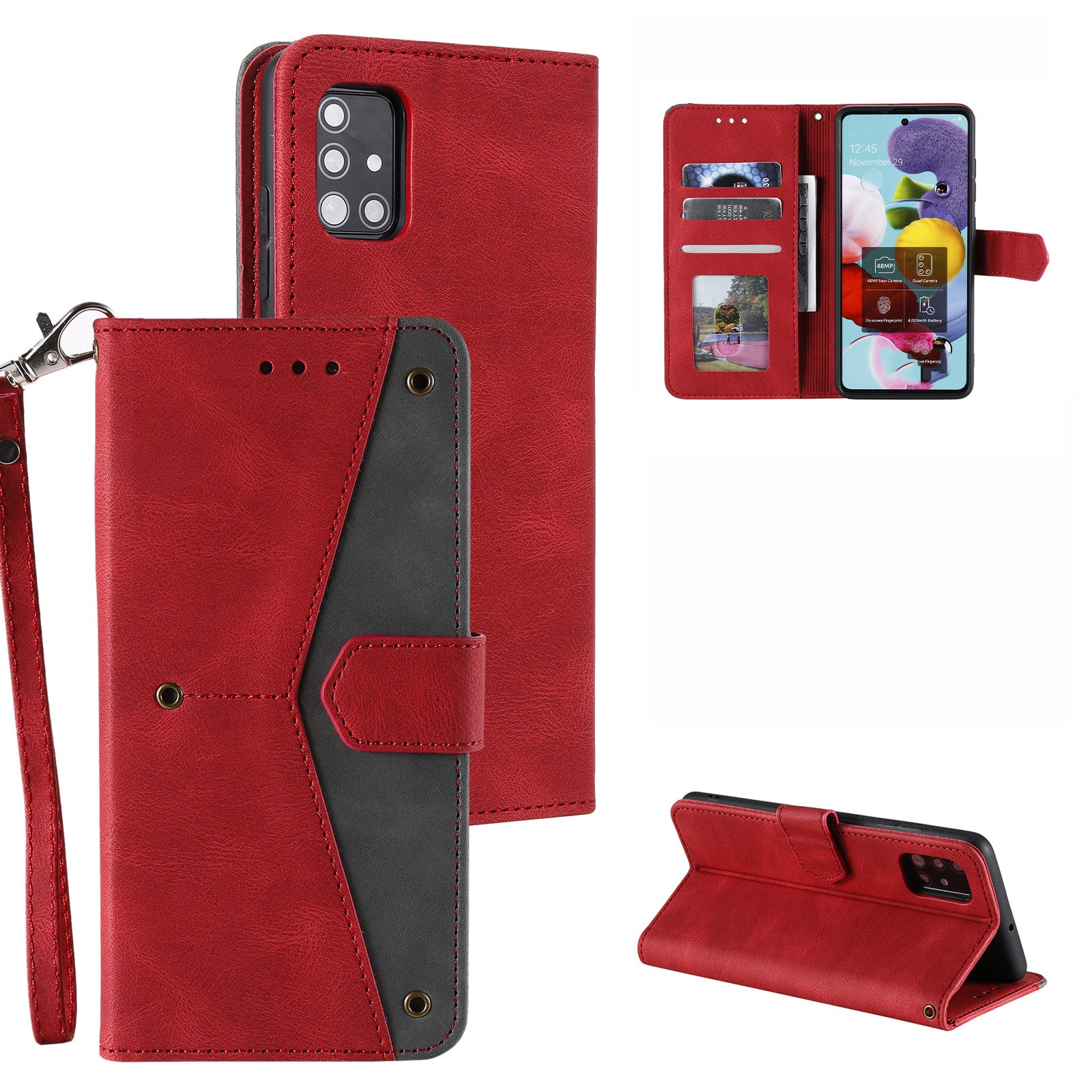 Rivet Decor Skin-Feeling Splicing Leather Wallet Phone Protective Cover for Samsung Galaxy S20 FE 4G/5G/2022/S20 Lite - Red