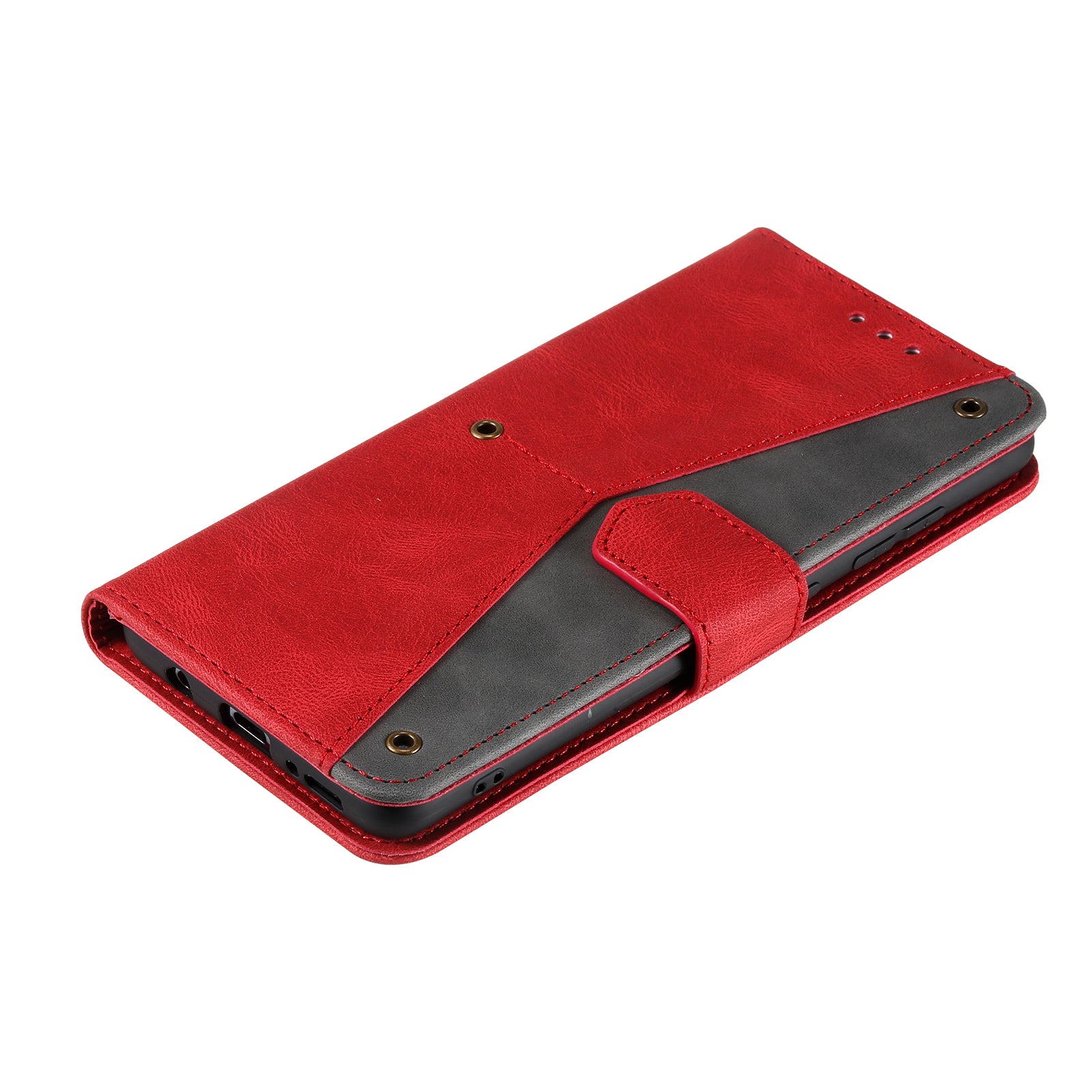 Rivet Decor Skin-Feeling Splicing Leather Wallet Phone Protective Cover for Samsung Galaxy S20 FE 4G/5G/2022/S20 Lite - Red