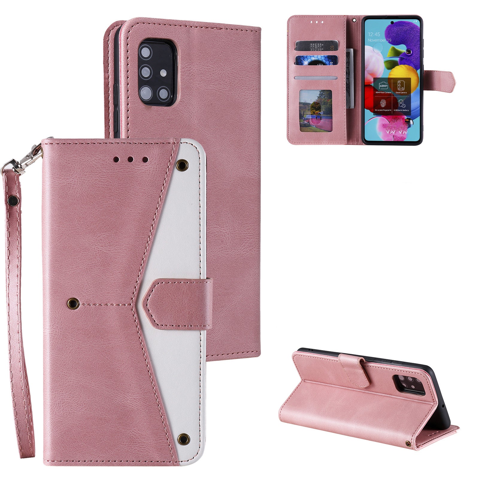 Rivet Decor Skin-Feeling Splicing Leather Wallet Phone Protective Cover for Samsung Galaxy S20 FE 4G/5G/2022/S20 Lite - Rose Gold