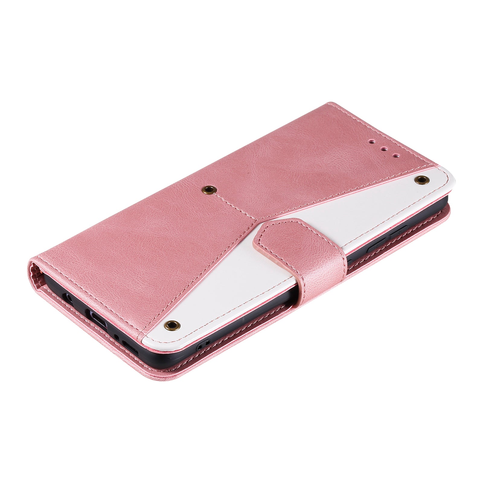 Rivet Decor Skin-Feeling Splicing Leather Wallet Phone Protective Cover for Samsung Galaxy S20 FE 4G/5G/2022/S20 Lite - Rose Gold