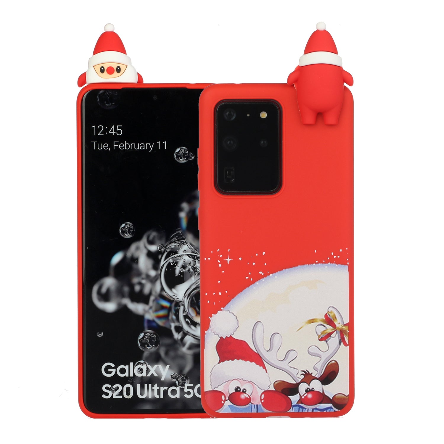 3D Christmas Doll Decor TPU Phone Cover Case for Samsung Galaxy S20 Ultra - Red Nose Santa and Moose