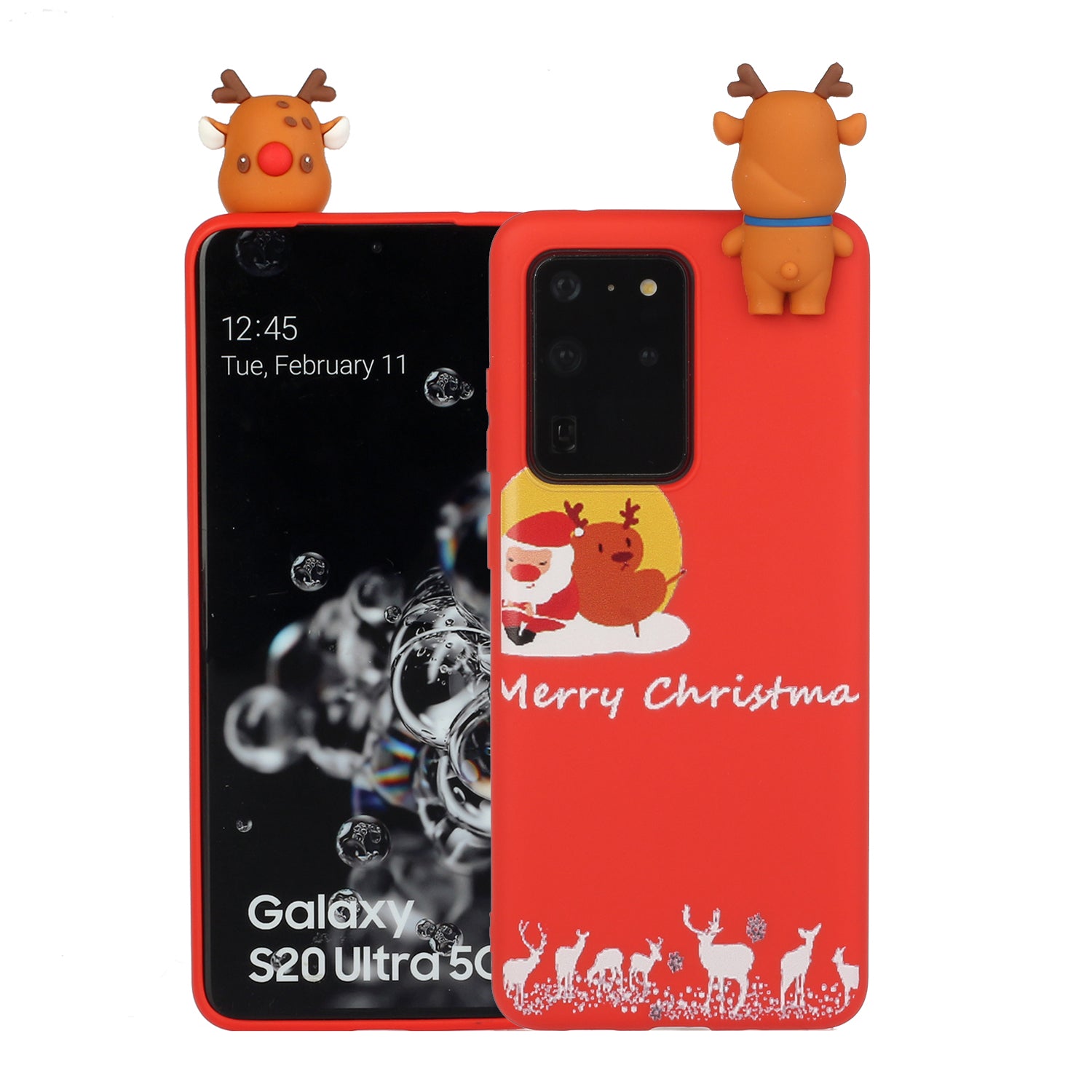 3D Christmas Doll Decor TPU Phone Cover Case for Samsung Galaxy S20 Ultra - Red Santa and Moose