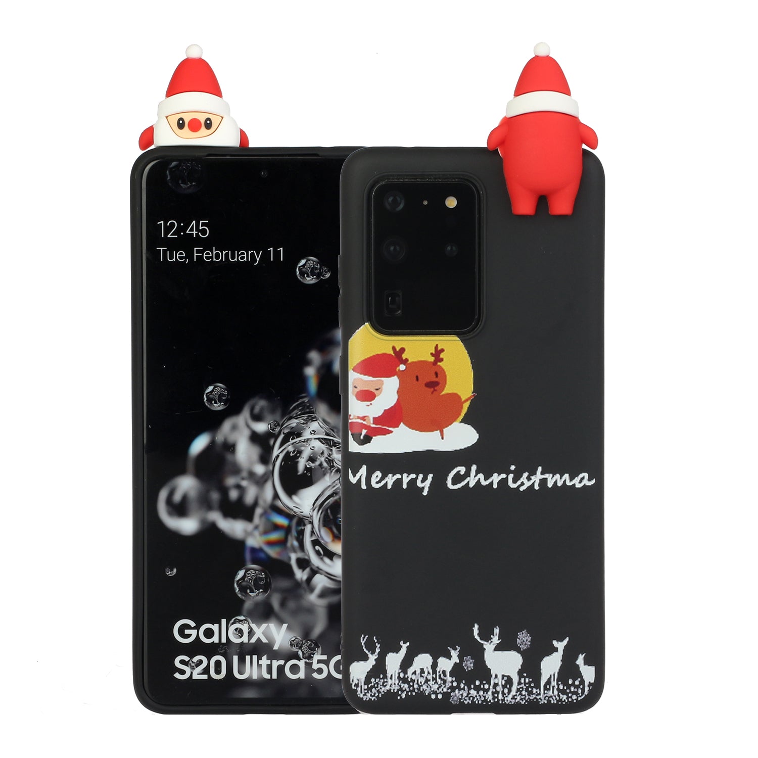 3D Christmas Doll Decor TPU Phone Cover Case for Samsung Galaxy S20 Ultra - Black Santa and Moose