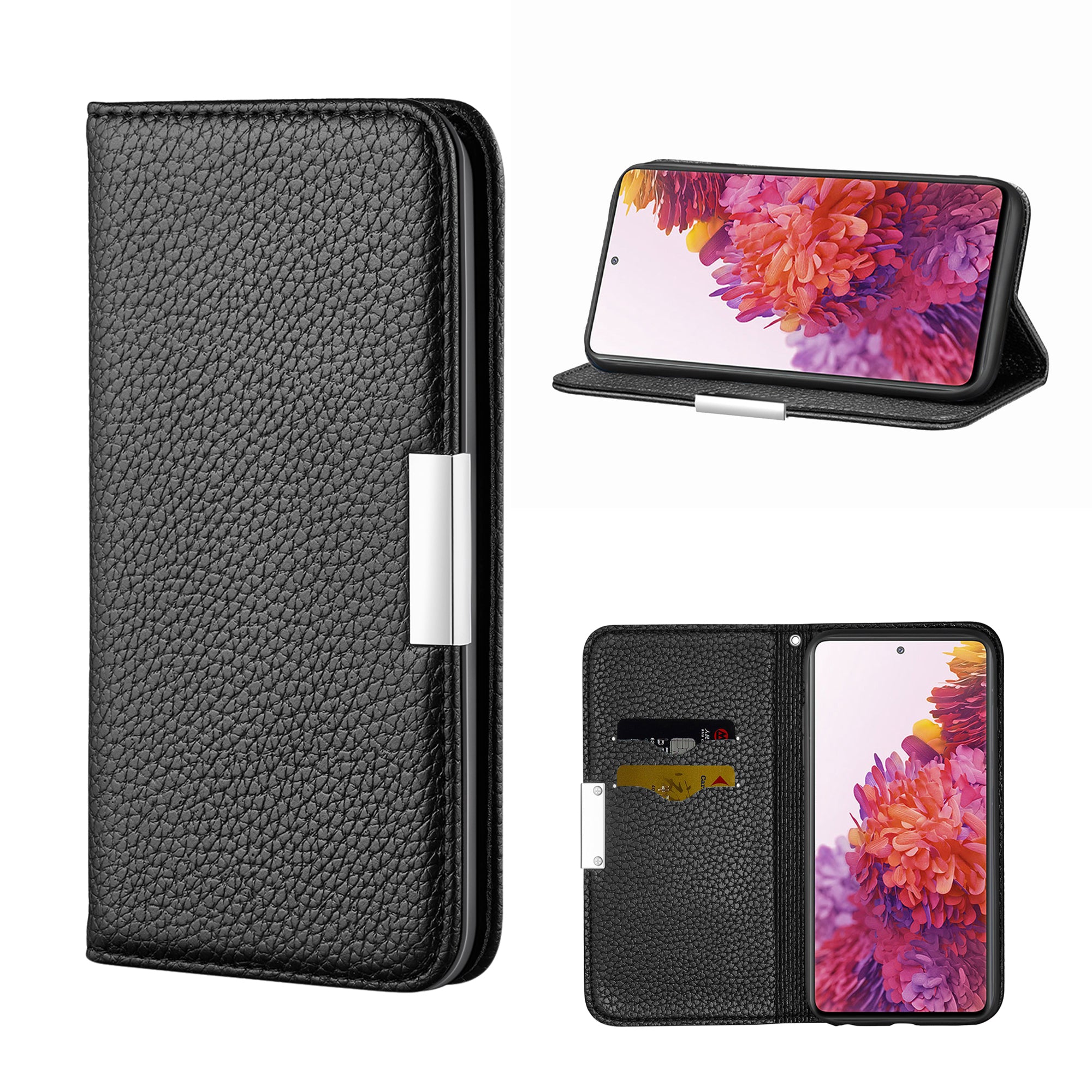 Metal Buckle Automatic absorption Litchi Skin Leather Cover with Card Holder for Samsung Galaxy S20 FE 4G/5G/2022/S20 Lite - Black