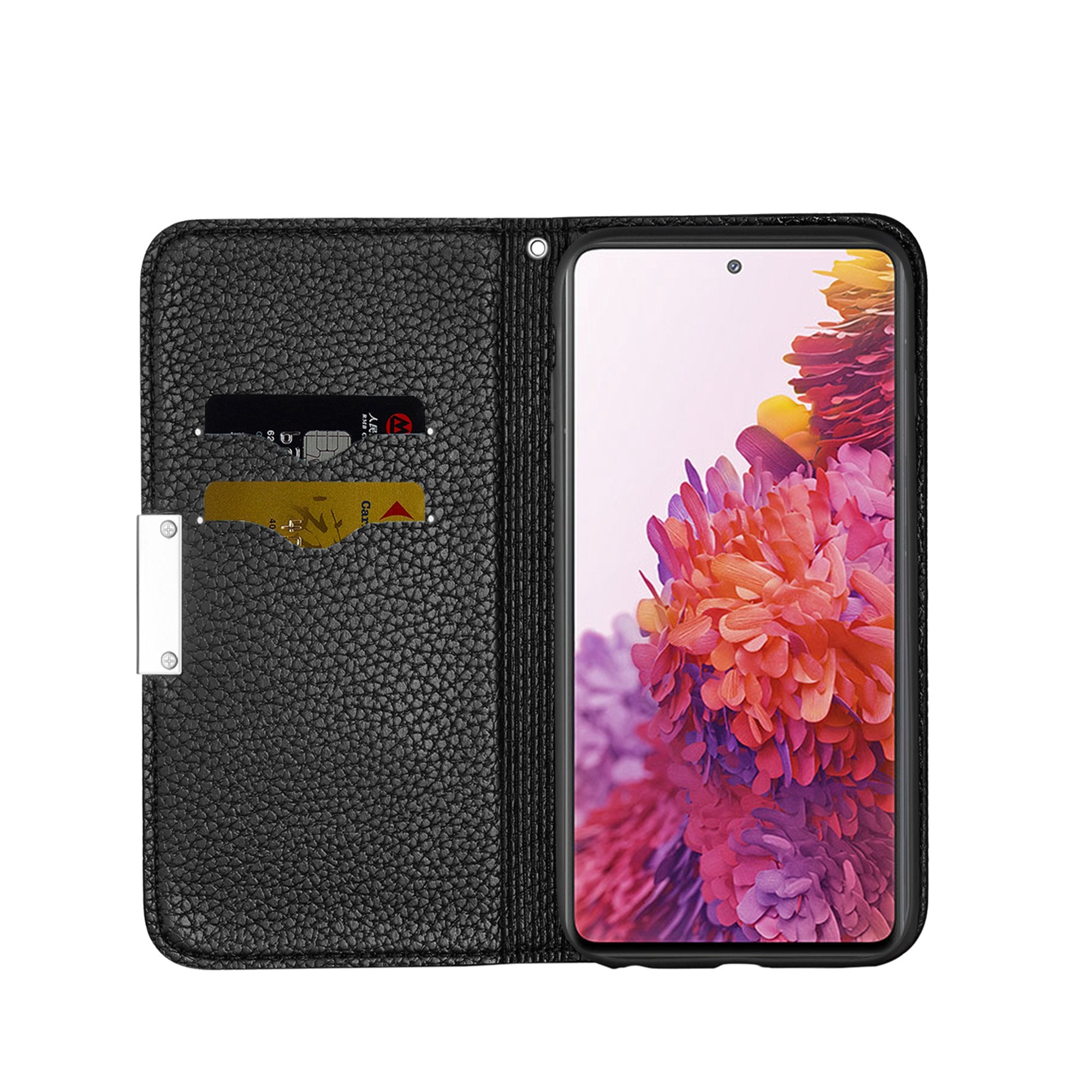 Metal Buckle Automatic absorption Litchi Skin Leather Cover with Card Holder for Samsung Galaxy S20 FE 4G/5G/2022/S20 Lite - Black