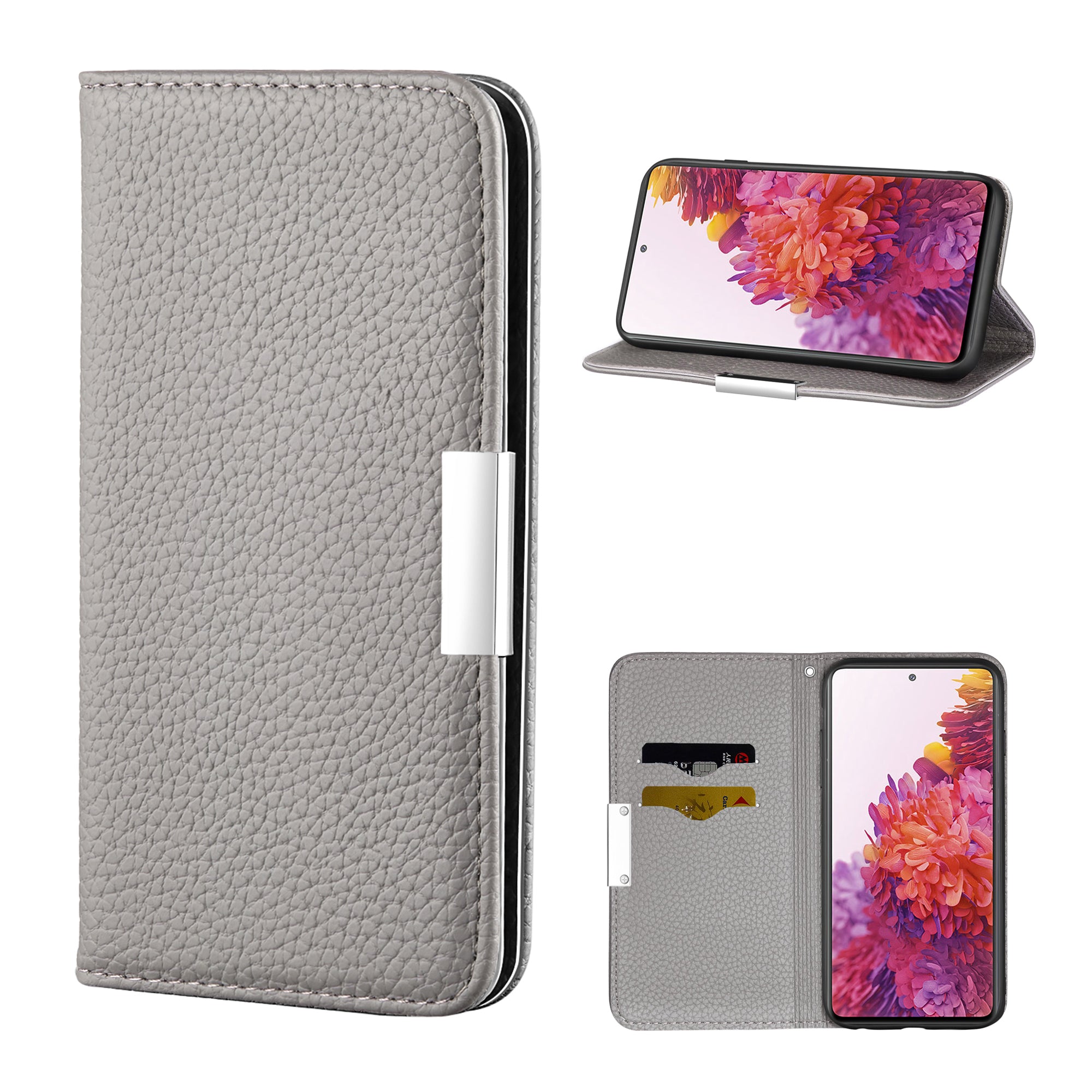 Metal Buckle Automatic absorption Litchi Skin Leather Cover with Card Holder for Samsung Galaxy S20 FE 4G/5G/2022/S20 Lite - Grey