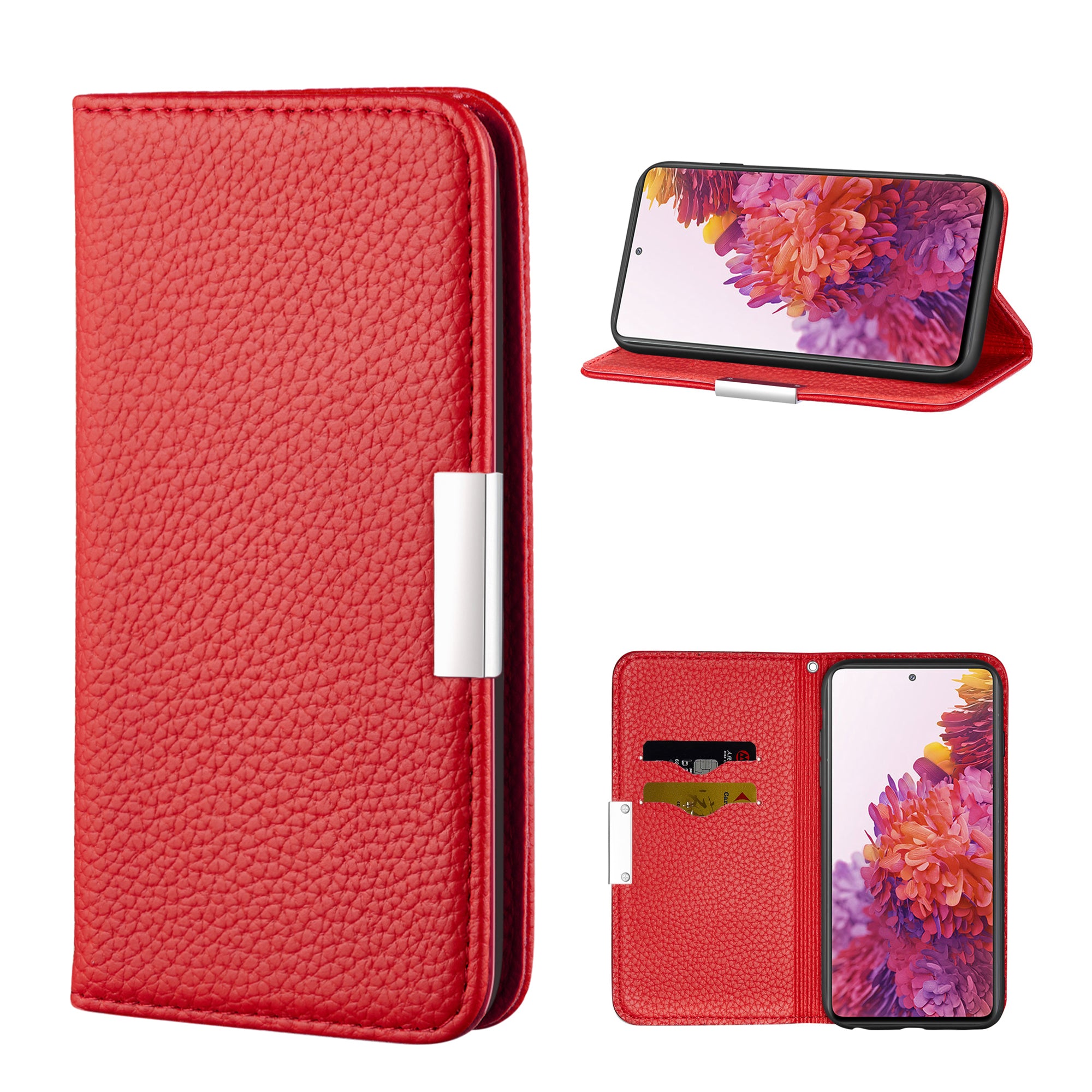 Metal Buckle Automatic absorption Litchi Skin Leather Cover with Card Holder for Samsung Galaxy S20 FE 4G/5G/2022/S20 Lite - Red