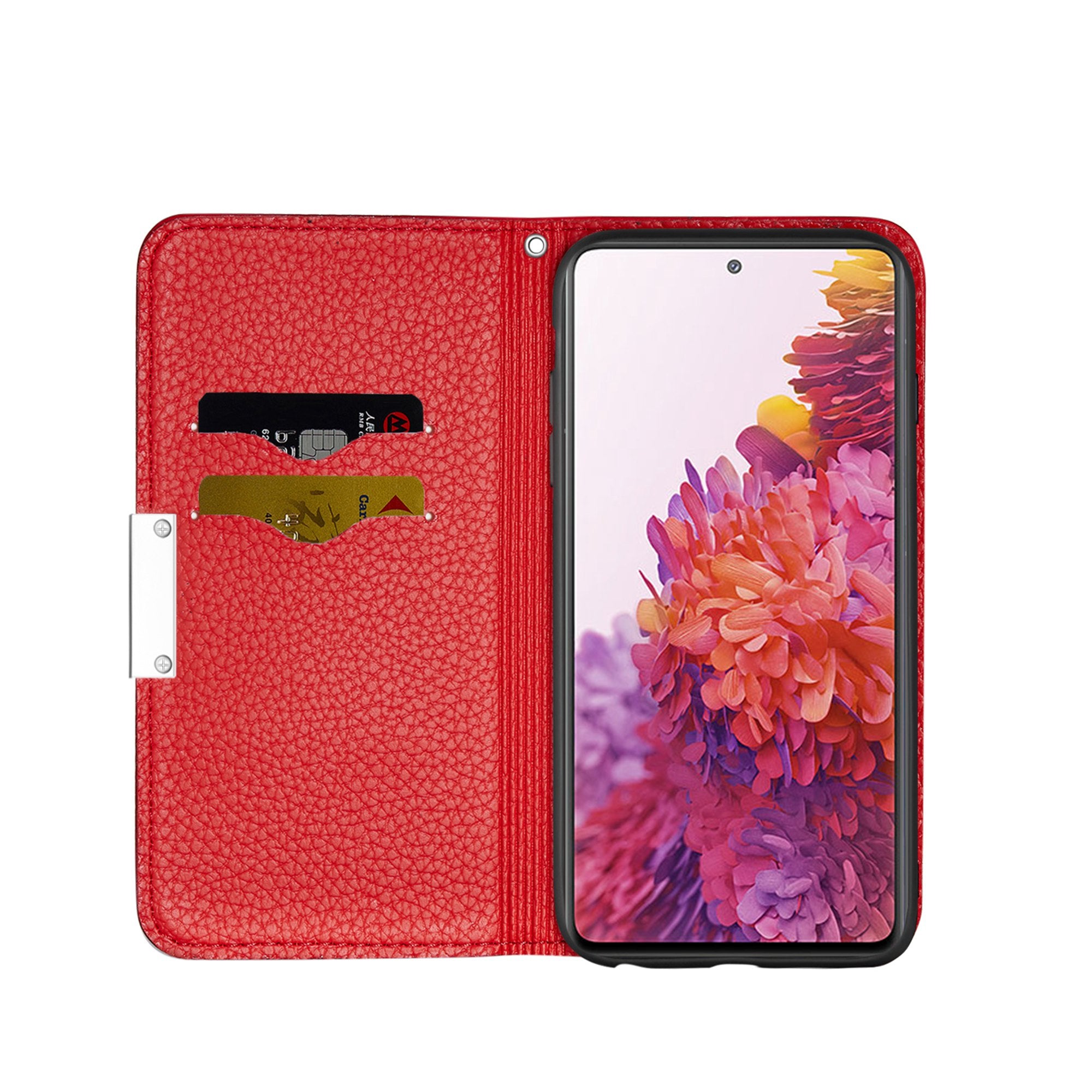 Metal Buckle Automatic absorption Litchi Skin Leather Cover with Card Holder for Samsung Galaxy S20 FE 4G/5G/2022/S20 Lite - Red