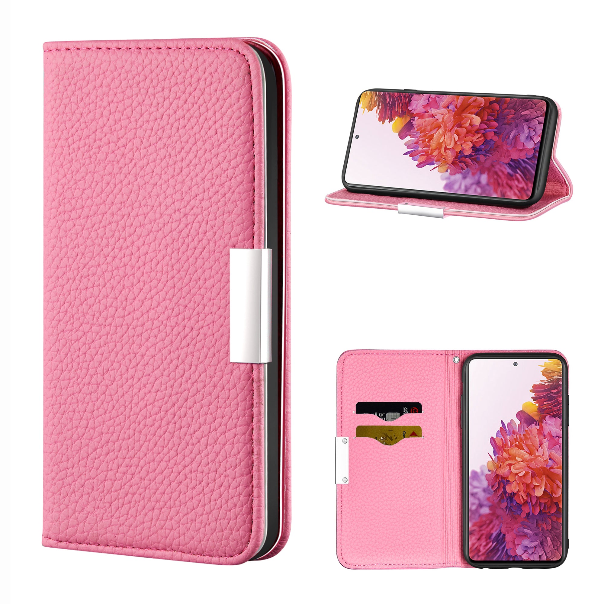 Metal Buckle Automatic absorption Litchi Skin Leather Cover with Card Holder for Samsung Galaxy S20 FE 4G/5G/2022/S20 Lite - Pink