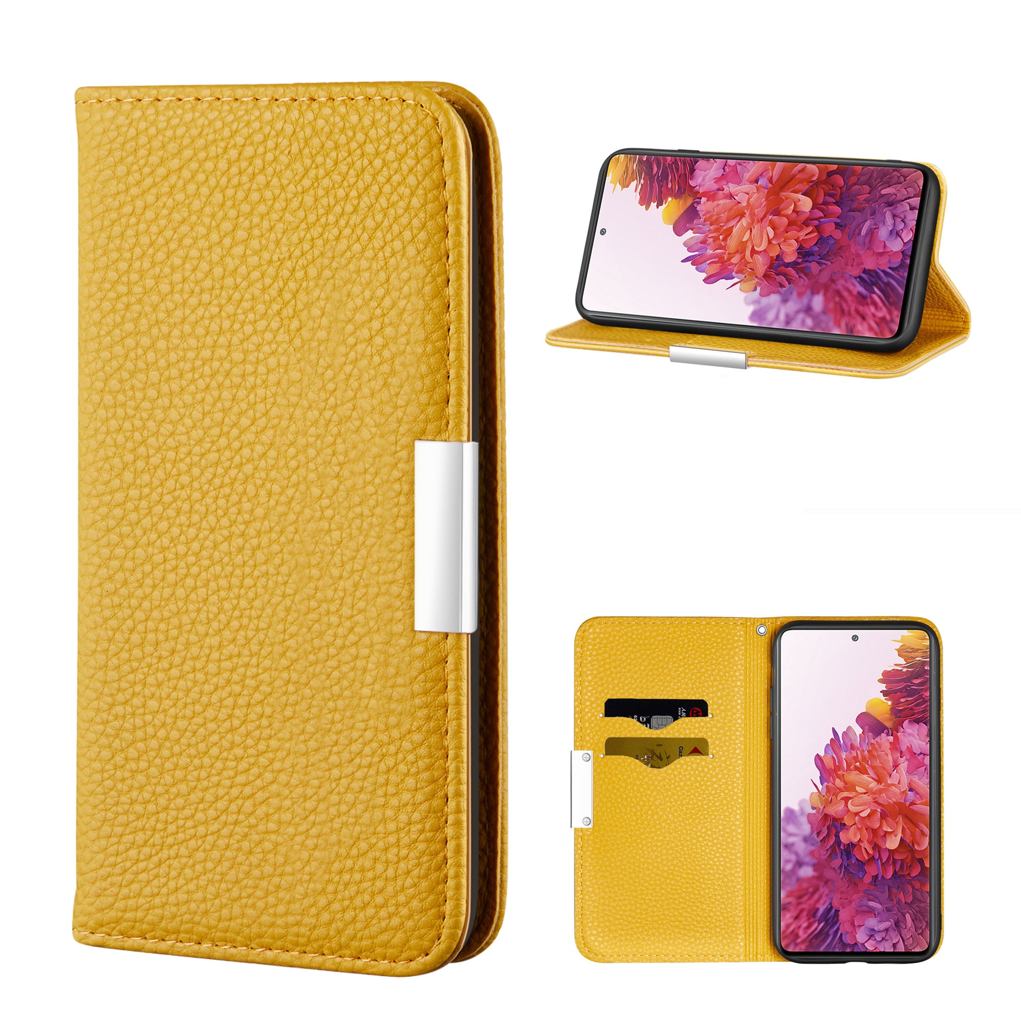 Metal Buckle Automatic absorption Litchi Skin Leather Cover with Card Holder for Samsung Galaxy S20 FE 4G/5G/2022/S20 Lite - Yellow