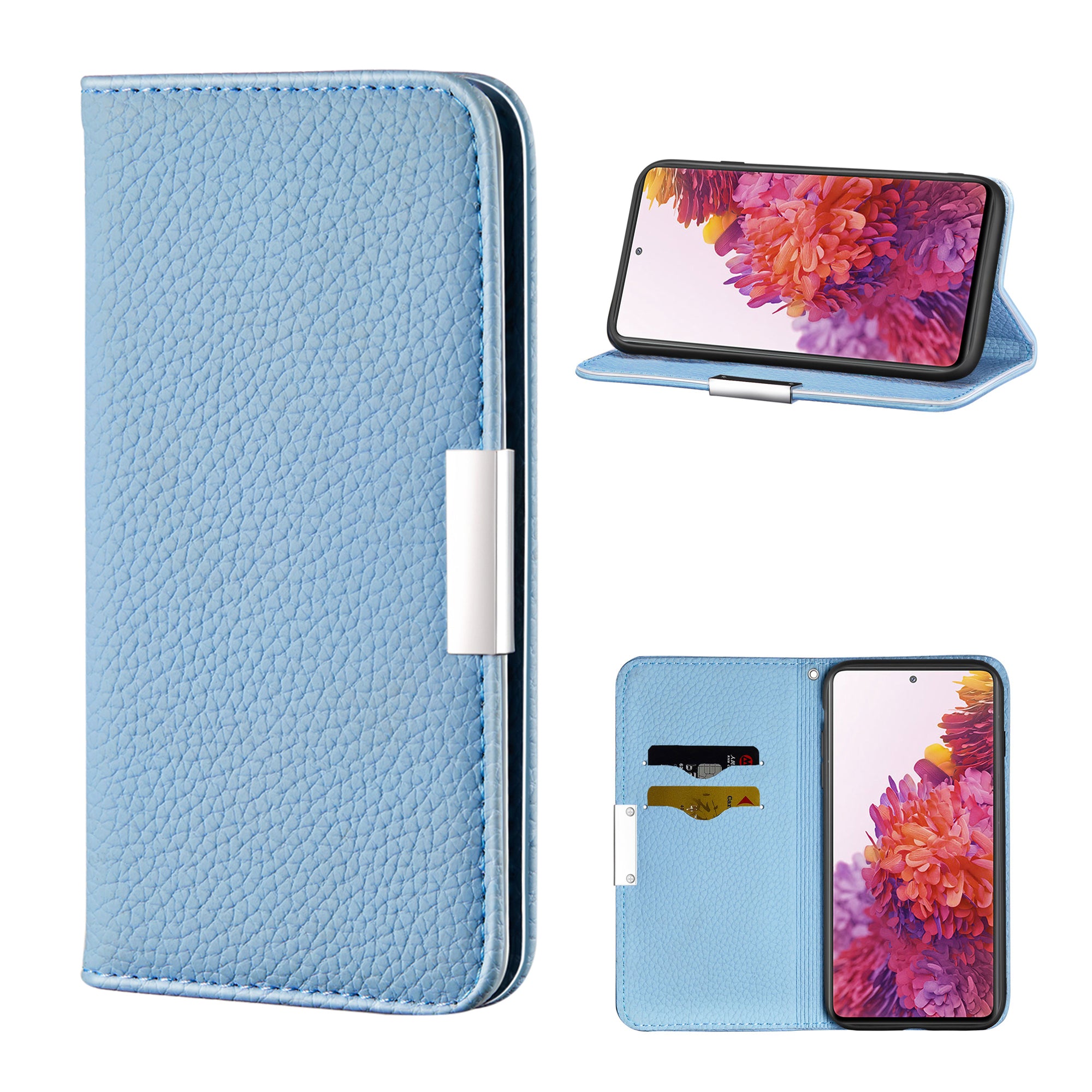 Metal Buckle Automatic absorption Litchi Skin Leather Cover with Card Holder for Samsung Galaxy S20 FE 4G/5G/2022/S20 Lite - Blue