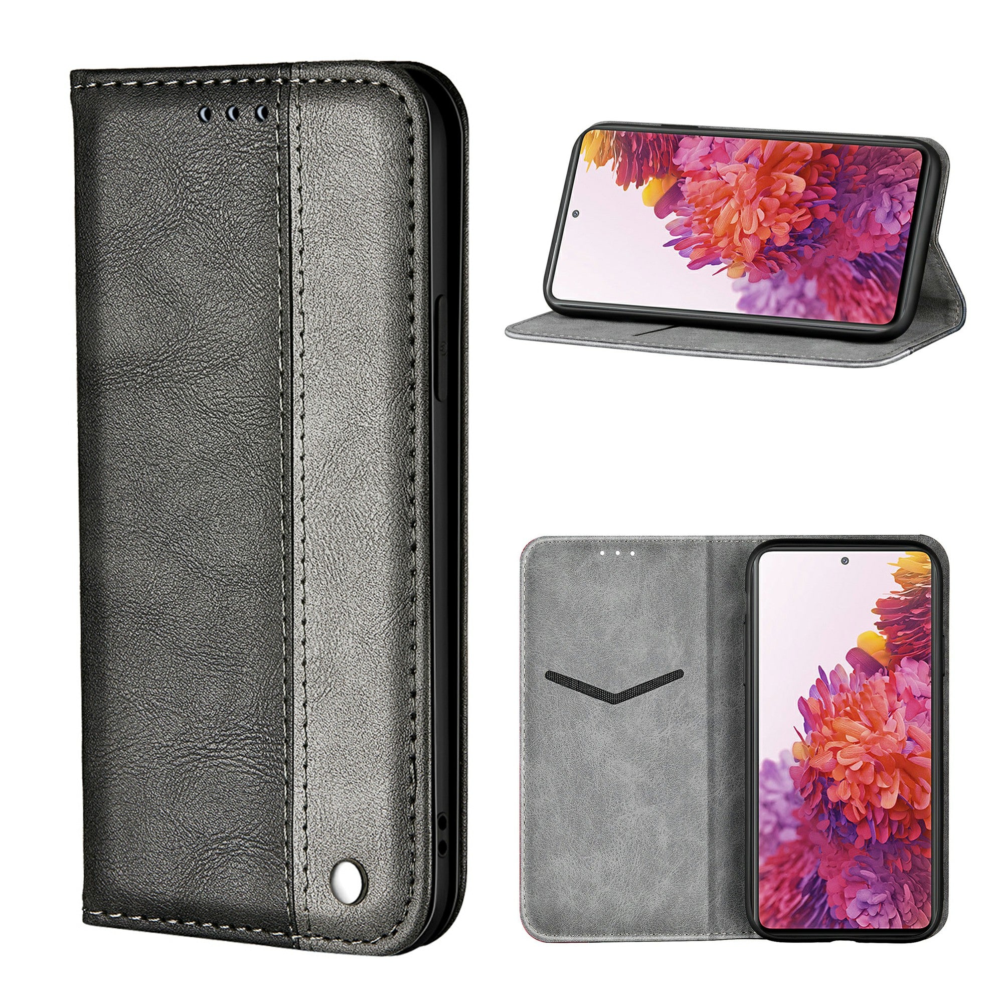 Auto-absorbed Business Splice Leather Cover Card Slot Stand Case for Samsung Galaxy S20 FE/S20 FE 5G - Grey