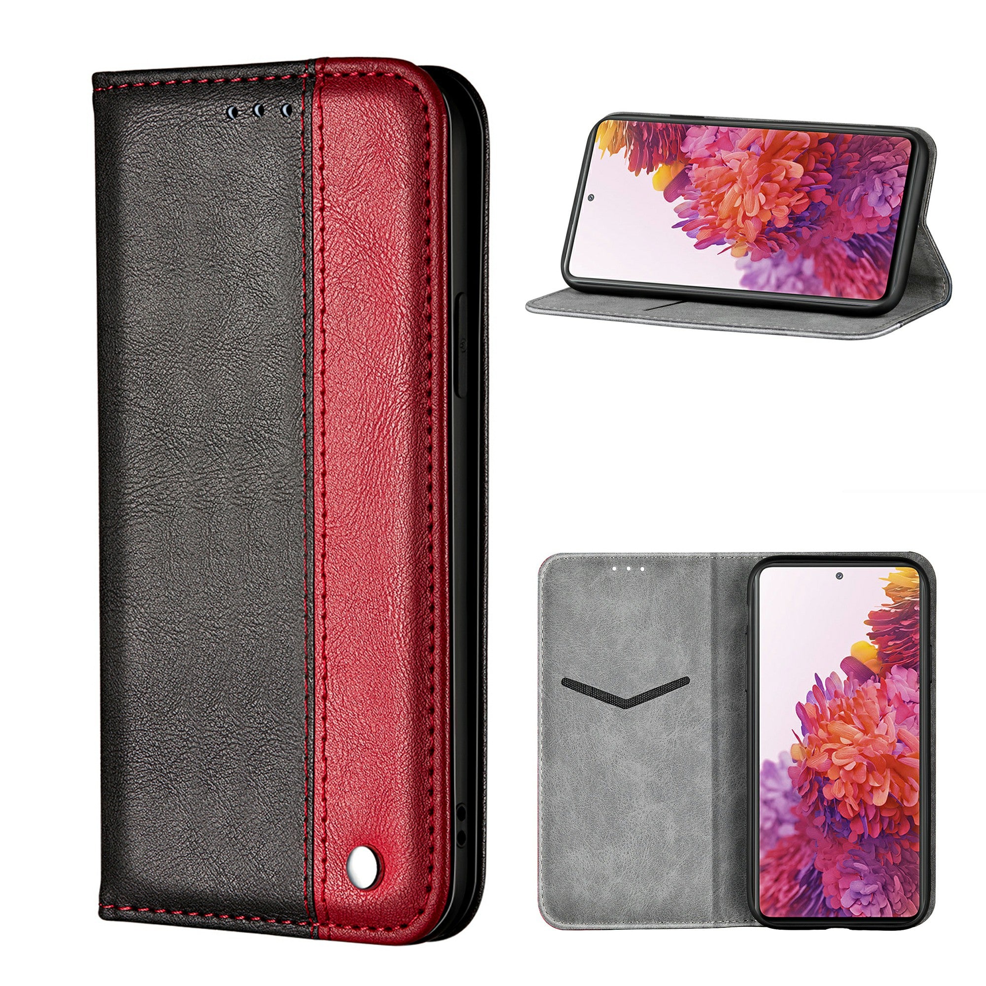 Auto-absorbed Business Splice Leather Cover Card Slot Stand Case for Samsung Galaxy S20 FE/S20 FE 5G - Red