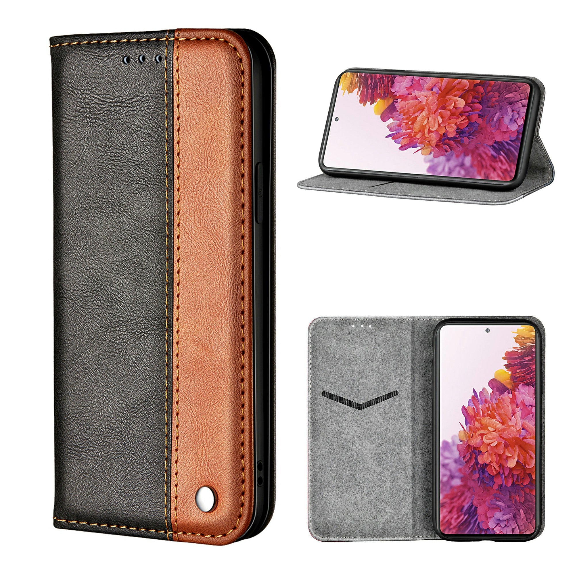 Auto-absorbed Business Splice Leather Cover Card Slot Stand Case for Samsung Galaxy S20 FE/S20 FE 5G - Brown