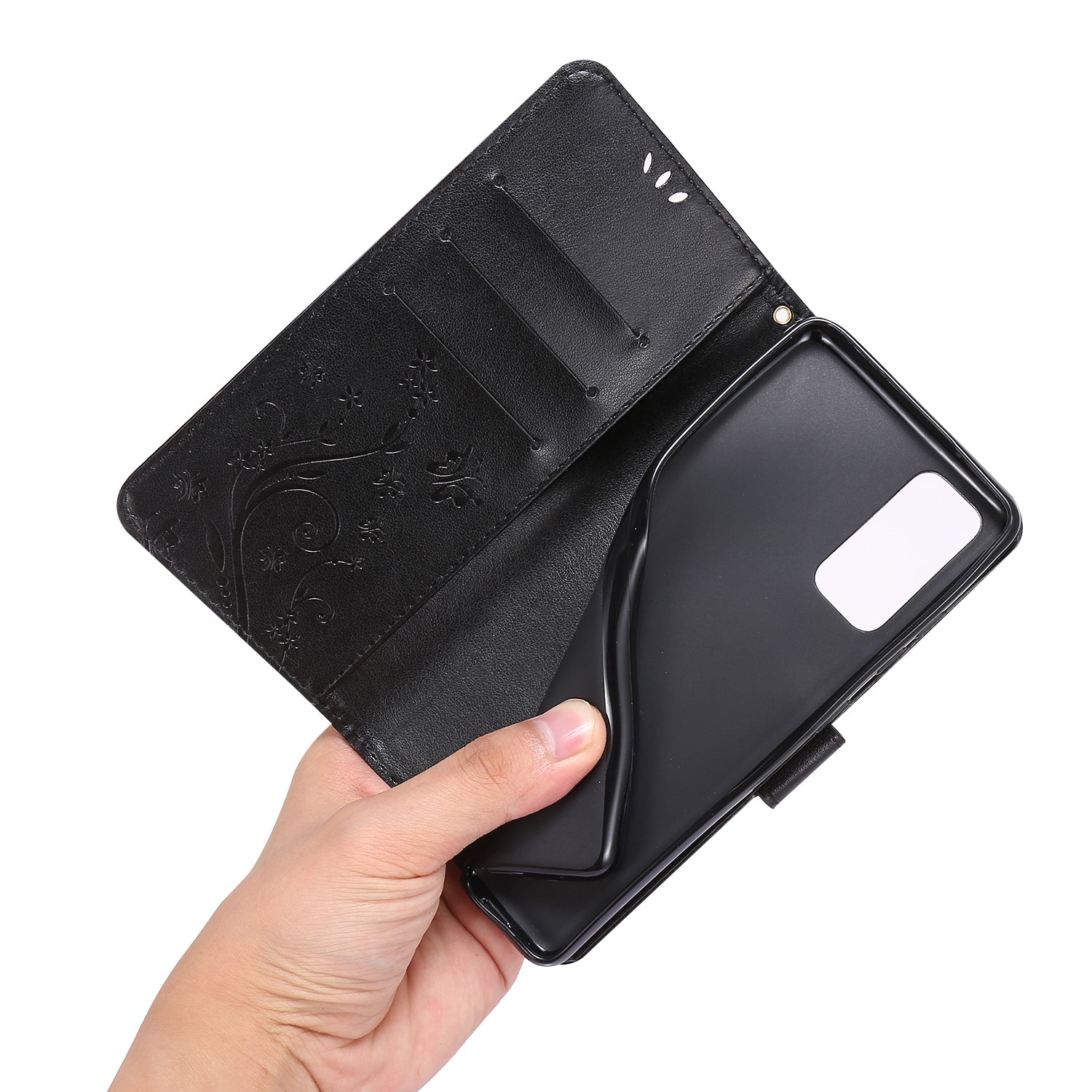 For Samsung Galaxy S20 FE 4G/5G/S20 Lite/S20 FE 2022 Butterfly Flower Imprinting Leather Wallet Case - Black