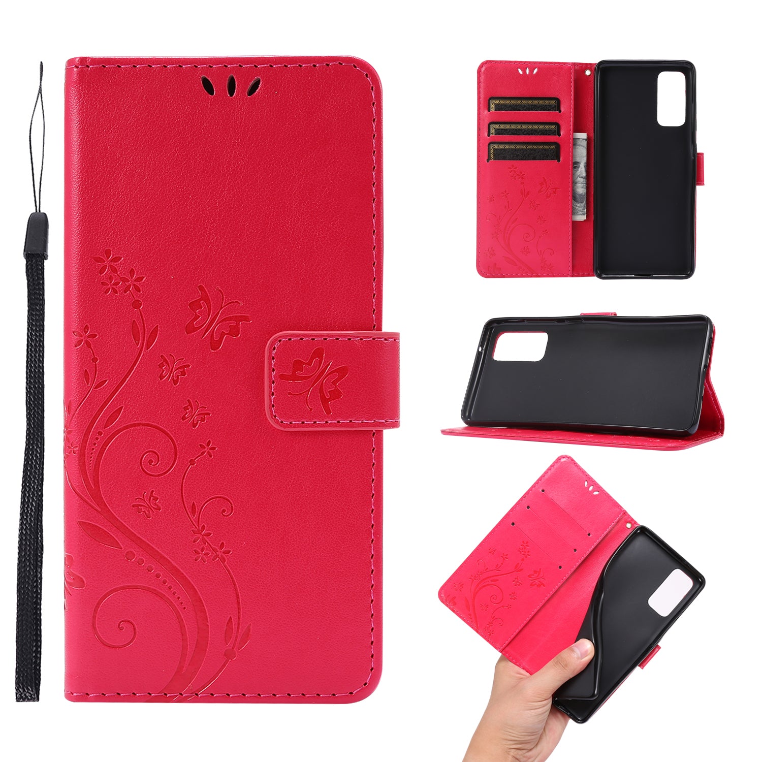 For Samsung Galaxy S20 FE 4G/5G/S20 Lite/S20 FE 2022 Butterfly Flower Imprinting Leather Wallet Case - Red