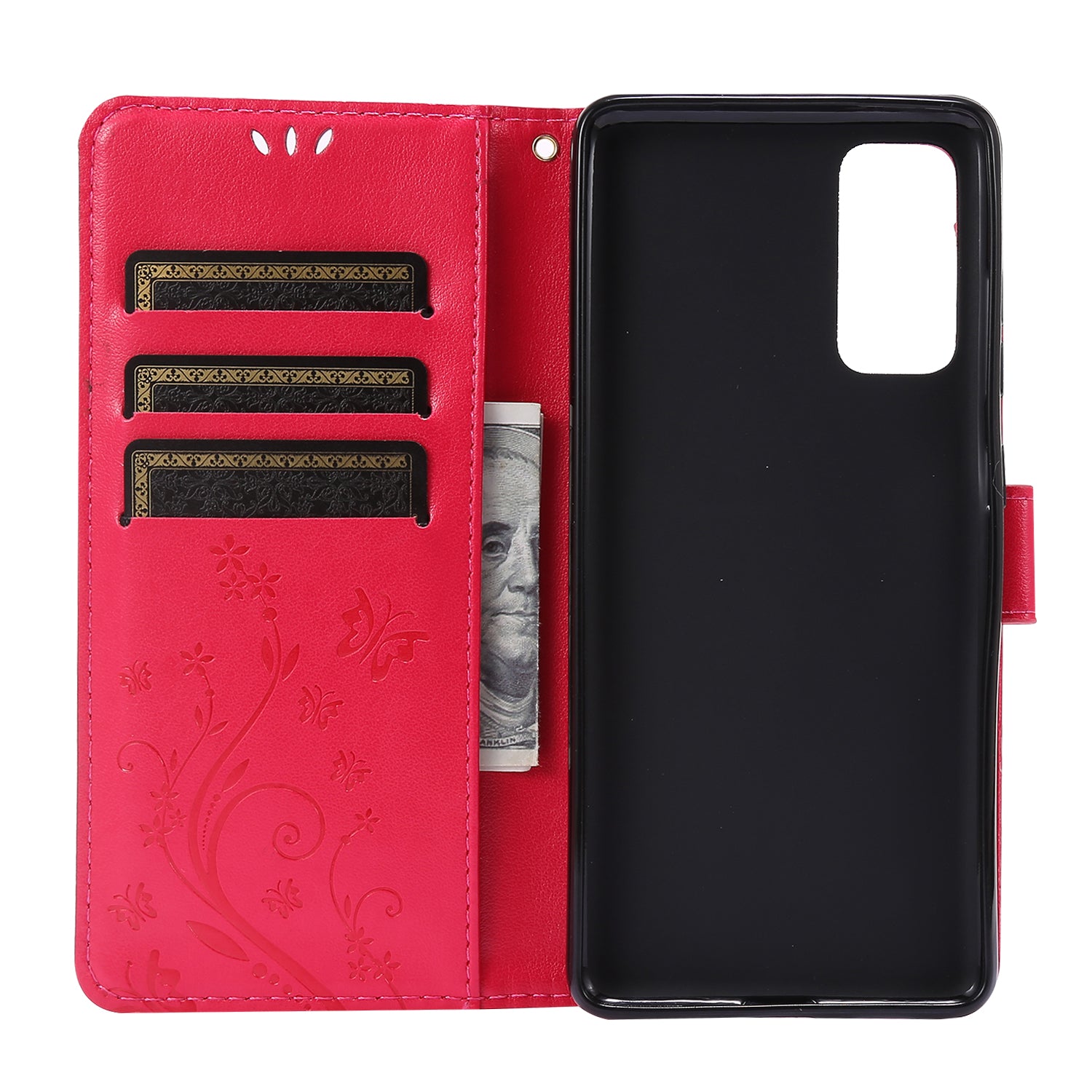 For Samsung Galaxy S20 FE 4G/5G/S20 Lite/S20 FE 2022 Butterfly Flower Imprinting Leather Wallet Case - Red