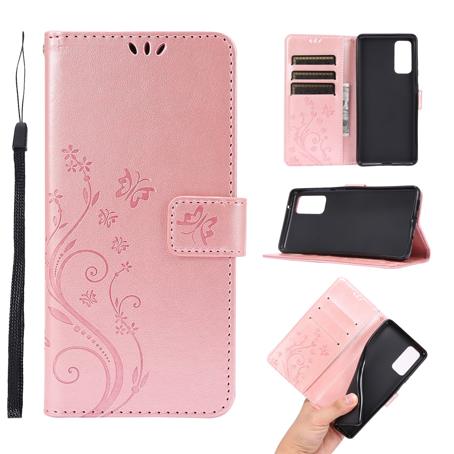 For Samsung Galaxy S20 FE 4G/5G/S20 Lite/S20 FE 2022 Butterfly Flower Imprinting Leather Wallet Case - Rose Gold