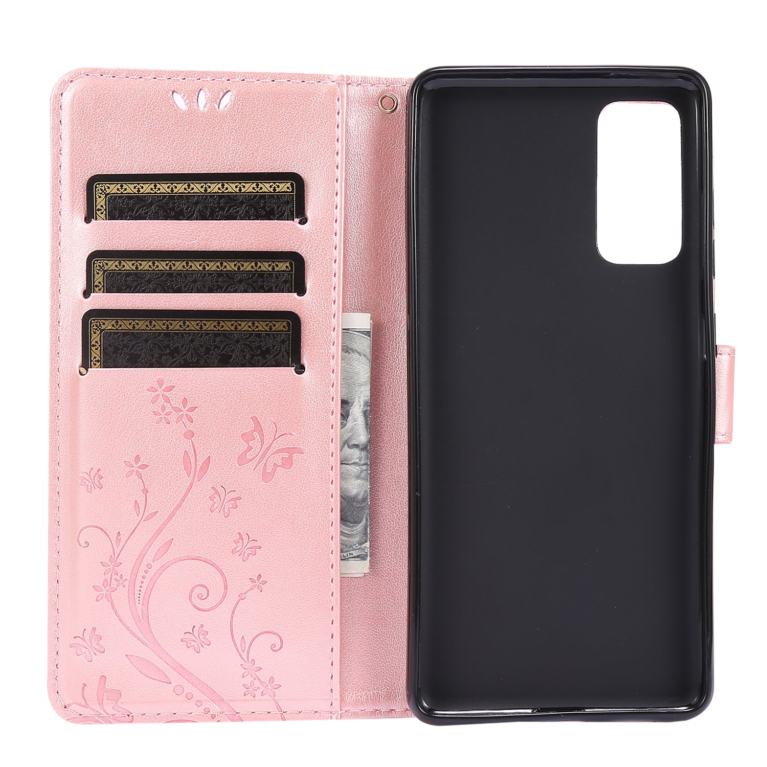 For Samsung Galaxy S20 FE 4G/5G/S20 Lite/S20 FE 2022 Butterfly Flower Imprinting Leather Wallet Case - Rose Gold