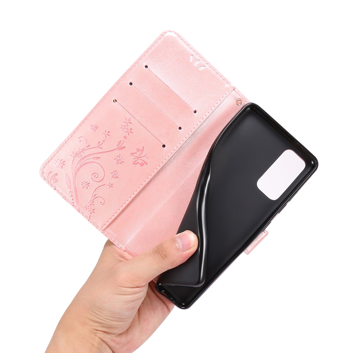 For Samsung Galaxy S20 FE 4G/5G/S20 Lite/S20 FE 2022 Butterfly Flower Imprinting Leather Wallet Case - Rose Gold