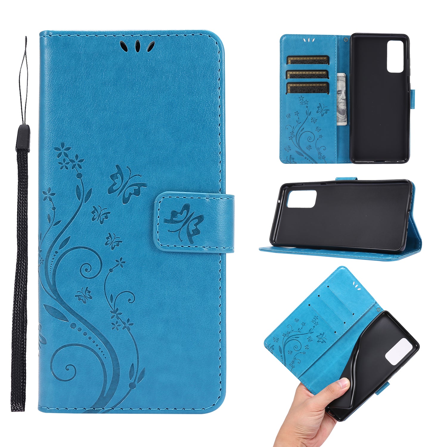 For Samsung Galaxy S20 FE 4G/5G/S20 Lite/S20 FE 2022 Butterfly Flower Imprinting Leather Wallet Case - Blue