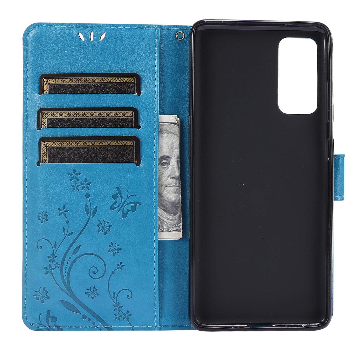 For Samsung Galaxy S20 FE 4G/5G/S20 Lite/S20 FE 2022 Butterfly Flower Imprinting Leather Wallet Case - Blue