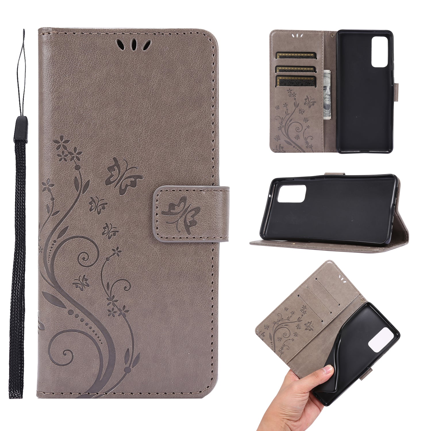 For Samsung Galaxy S20 FE 4G/5G/S20 Lite/S20 FE 2022 Butterfly Flower Imprinting Leather Wallet Case - Grey