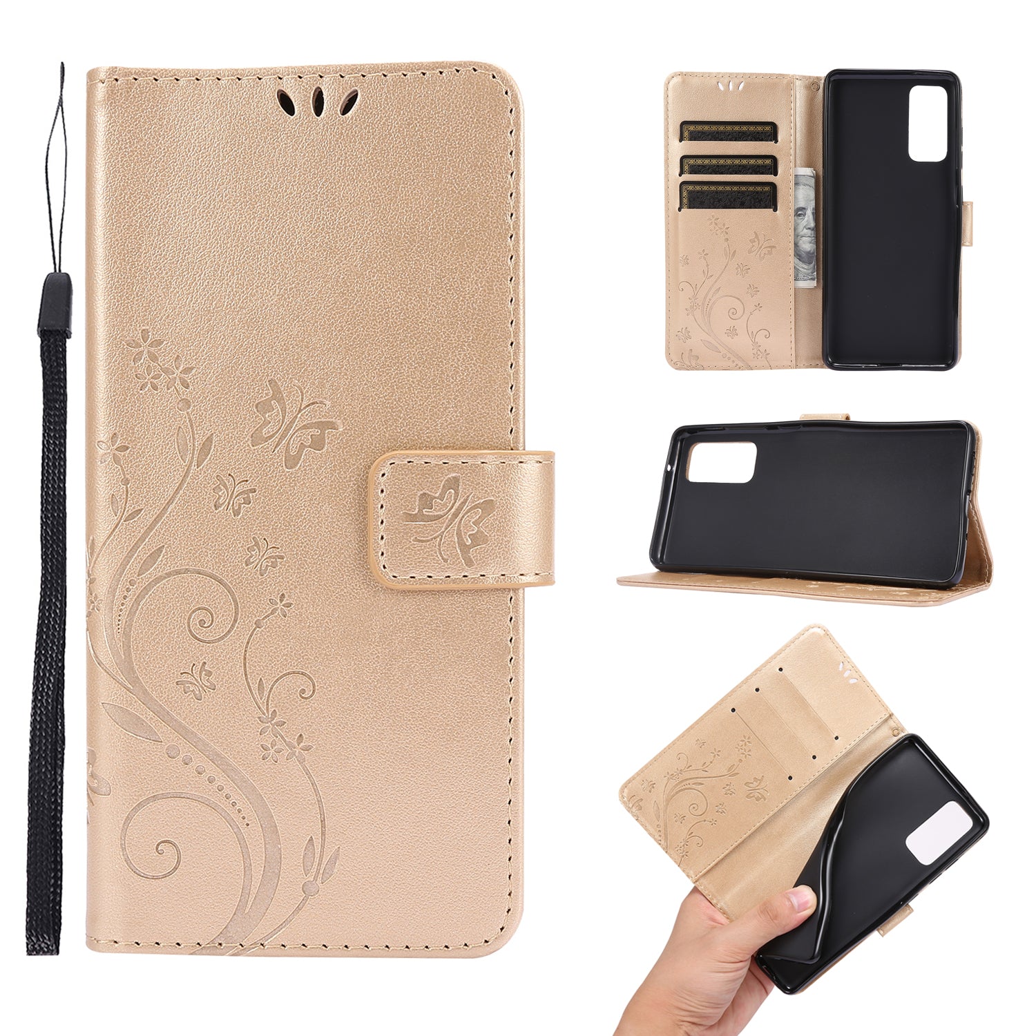 For Samsung Galaxy S20 FE 4G/5G/S20 Lite/S20 FE 2022 Butterfly Flower Imprinting Leather Wallet Case - Gold