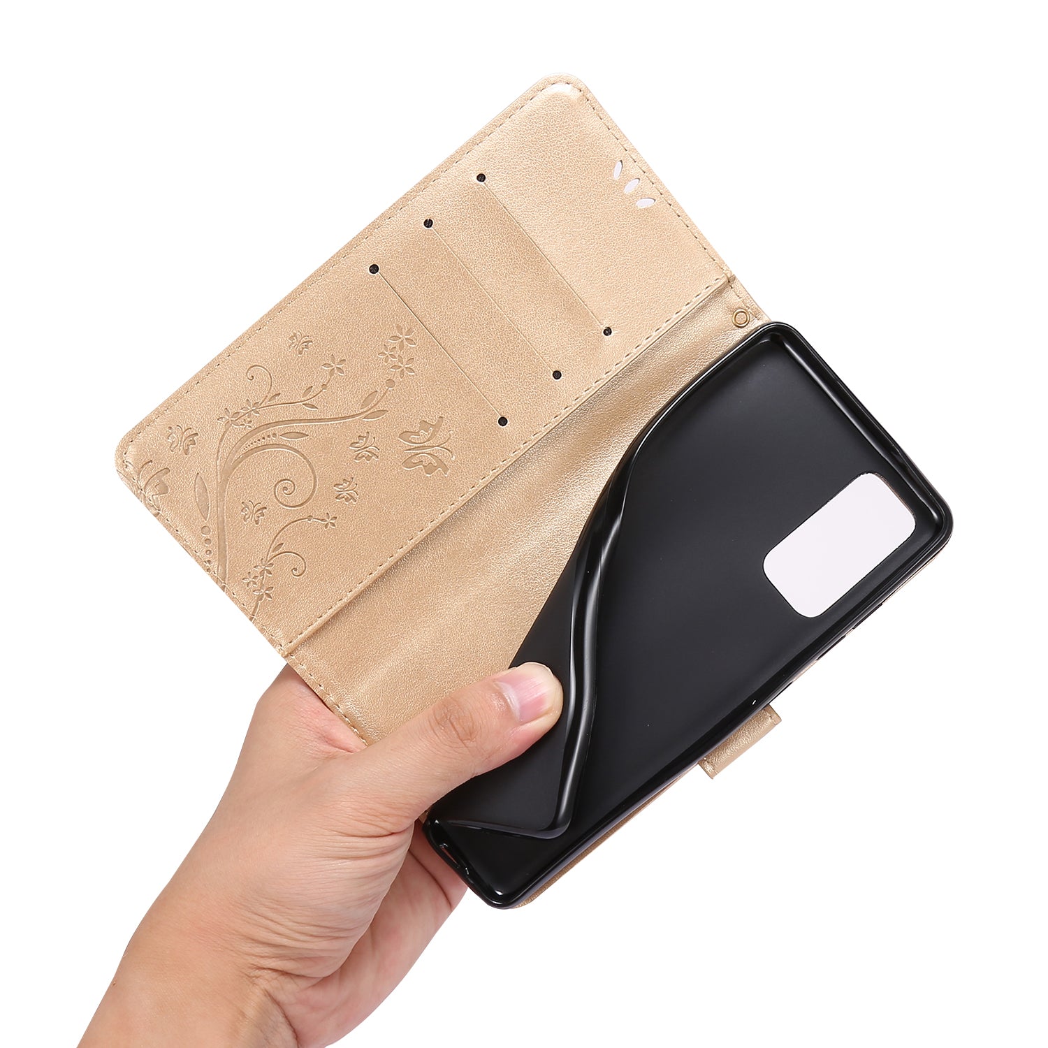 For Samsung Galaxy S20 FE 4G/5G/S20 Lite/S20 FE 2022 Butterfly Flower Imprinting Leather Wallet Case - Gold