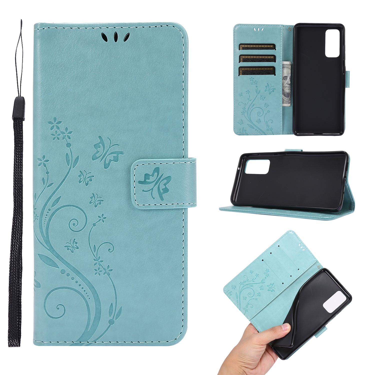 For Samsung Galaxy S20 FE 4G/5G/S20 Lite/S20 FE 2022 Butterfly Flower Imprinting Leather Wallet Case - Cyan