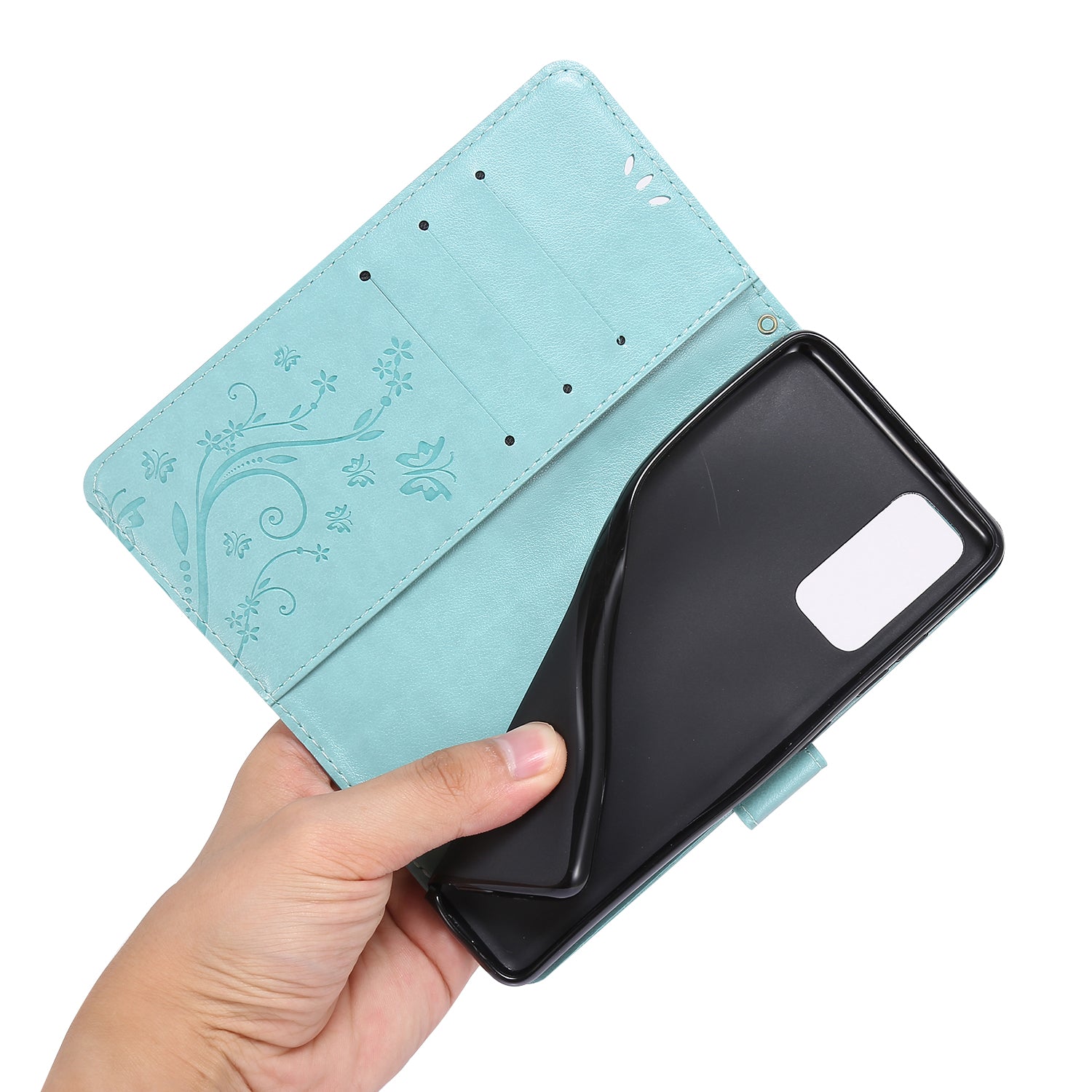 For Samsung Galaxy S20 FE 4G/5G/S20 Lite/S20 FE 2022 Butterfly Flower Imprinting Leather Wallet Case - Cyan