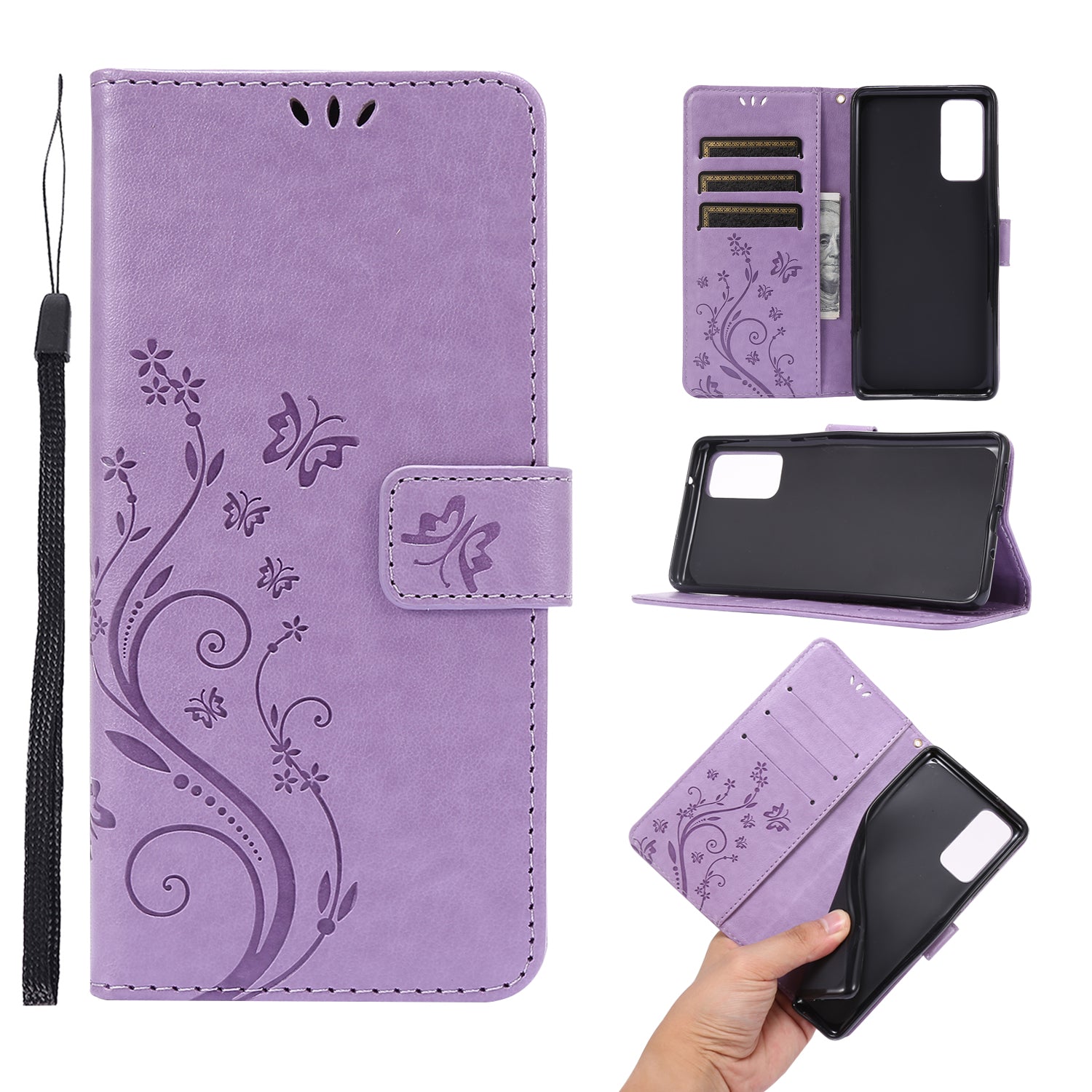 For Samsung Galaxy S20 FE 4G/5G/S20 Lite/S20 FE 2022 Butterfly Flower Imprinting Leather Wallet Case - Light Purple