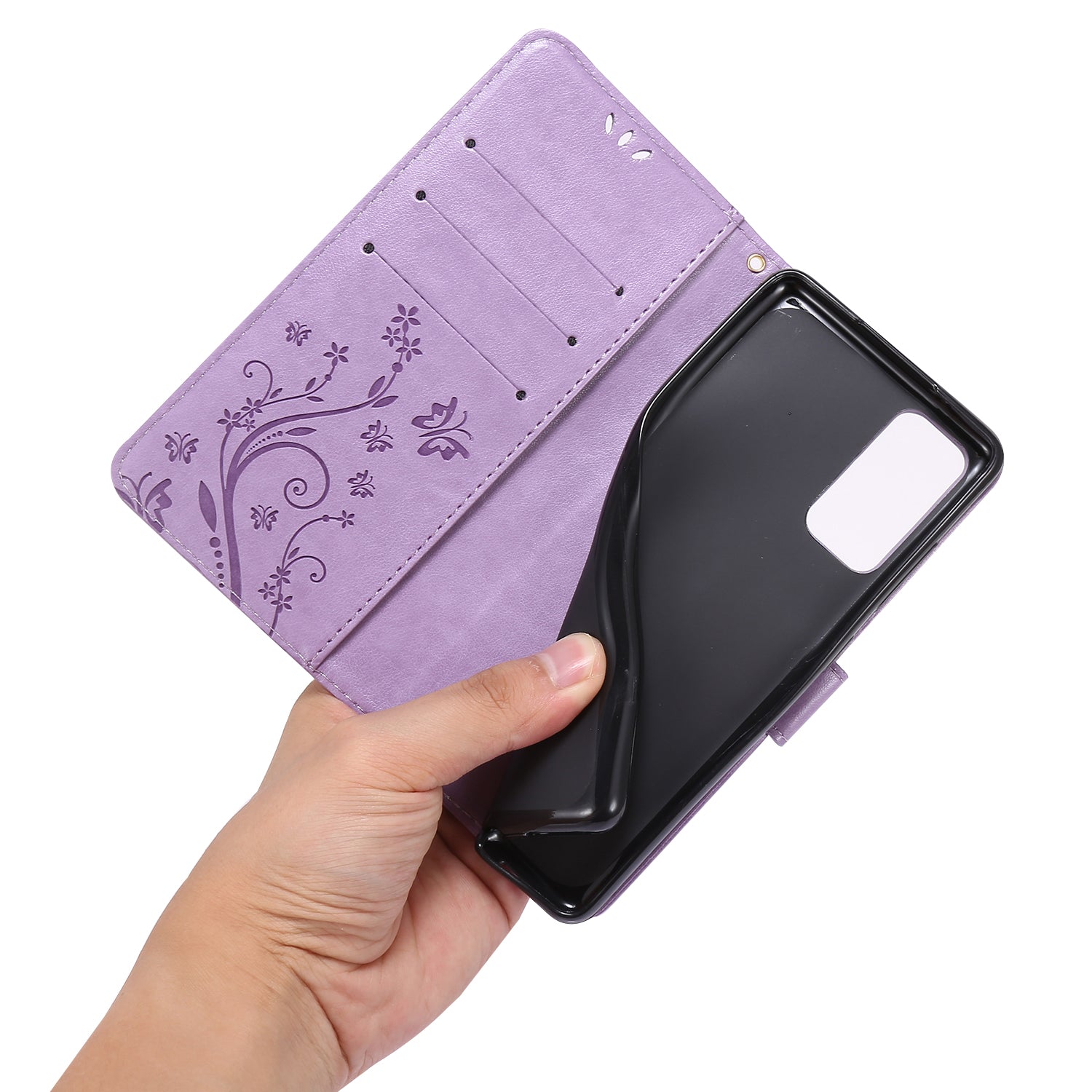 For Samsung Galaxy S20 FE 4G/5G/S20 Lite/S20 FE 2022 Butterfly Flower Imprinting Leather Wallet Case - Light Purple