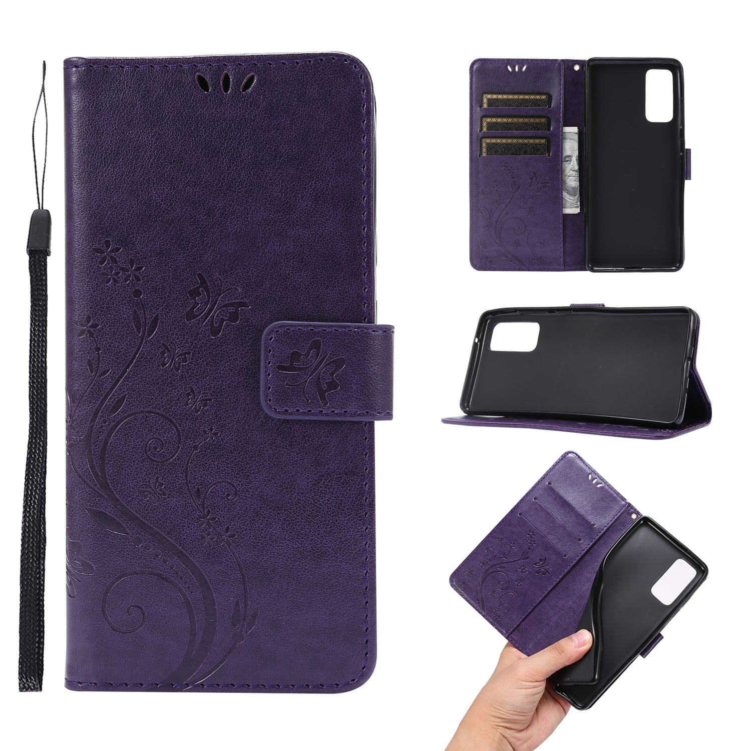 For Samsung Galaxy S20 FE 4G/5G/S20 Lite/S20 FE 2022 Butterfly Flower Imprinting Leather Wallet Case - Dark Purple