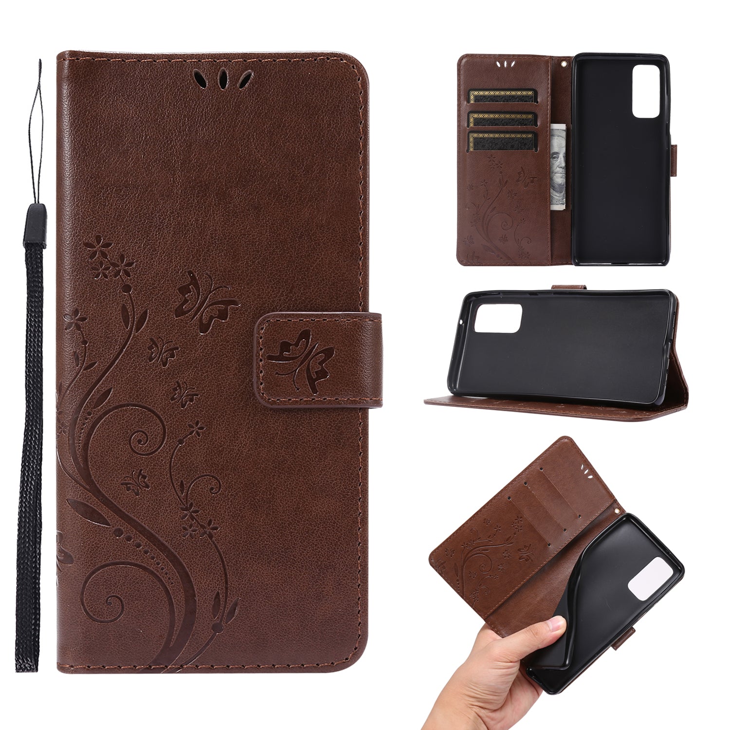 For Samsung Galaxy S20 FE 4G/5G/S20 Lite/S20 FE 2022 Butterfly Flower Imprinting Leather Wallet Case - Brown