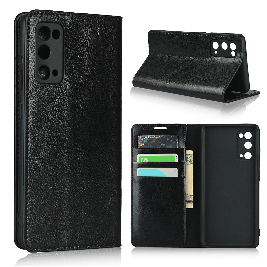 Crazy Horse Auto-Absorbed Genuine Leather Wallet Stand Case for Samsung Galaxy S20 FE/S20 Fan Edition/S20 FE 5G/S20 Fan Edition 5G - Black