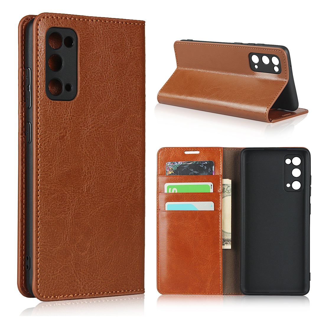 Crazy Horse Auto-Absorbed Genuine Leather Wallet Stand Case for Samsung Galaxy S20 FE/S20 Fan Edition/S20 FE 5G/S20 Fan Edition 5G - Light Brown